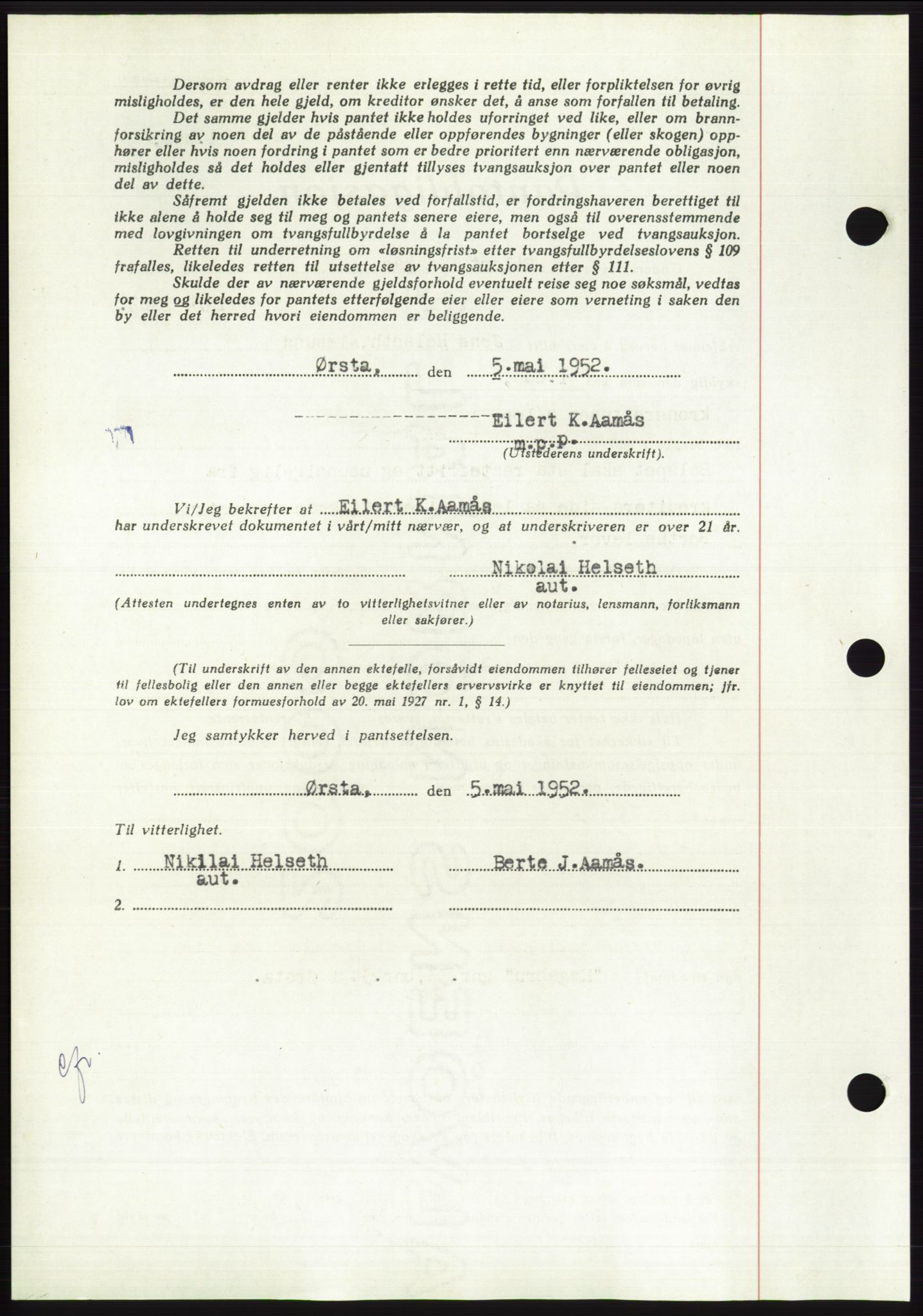 Søre Sunnmøre sorenskriveri, AV/SAT-A-4122/1/2/2C/L0121: Pantebok nr. 9B, 1951-1952, Dagboknr: 966/1952