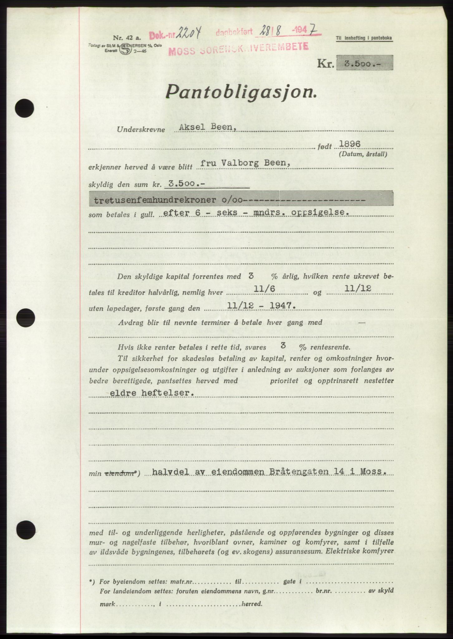 Moss sorenskriveri, SAO/A-10168: Pantebok nr. B17, 1947-1947, Dagboknr: 2204/1947