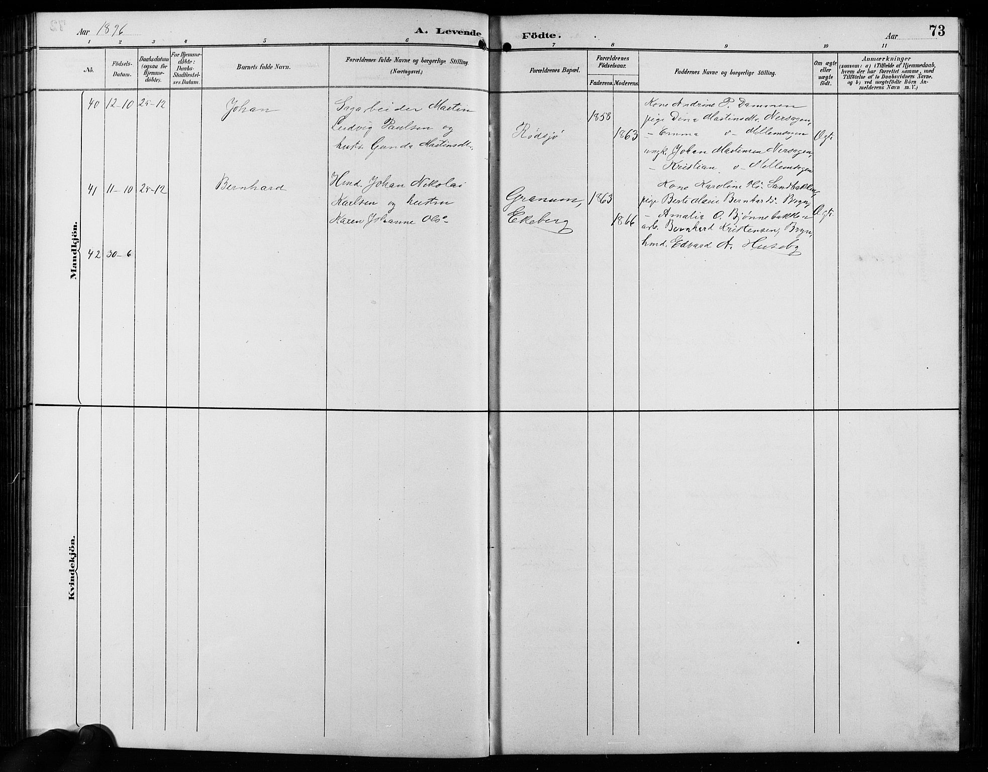 Enebakk prestekontor Kirkebøker, AV/SAO-A-10171c/G/Ga/L0006: Klokkerbok nr. I 6, 1889-1911, s. 73