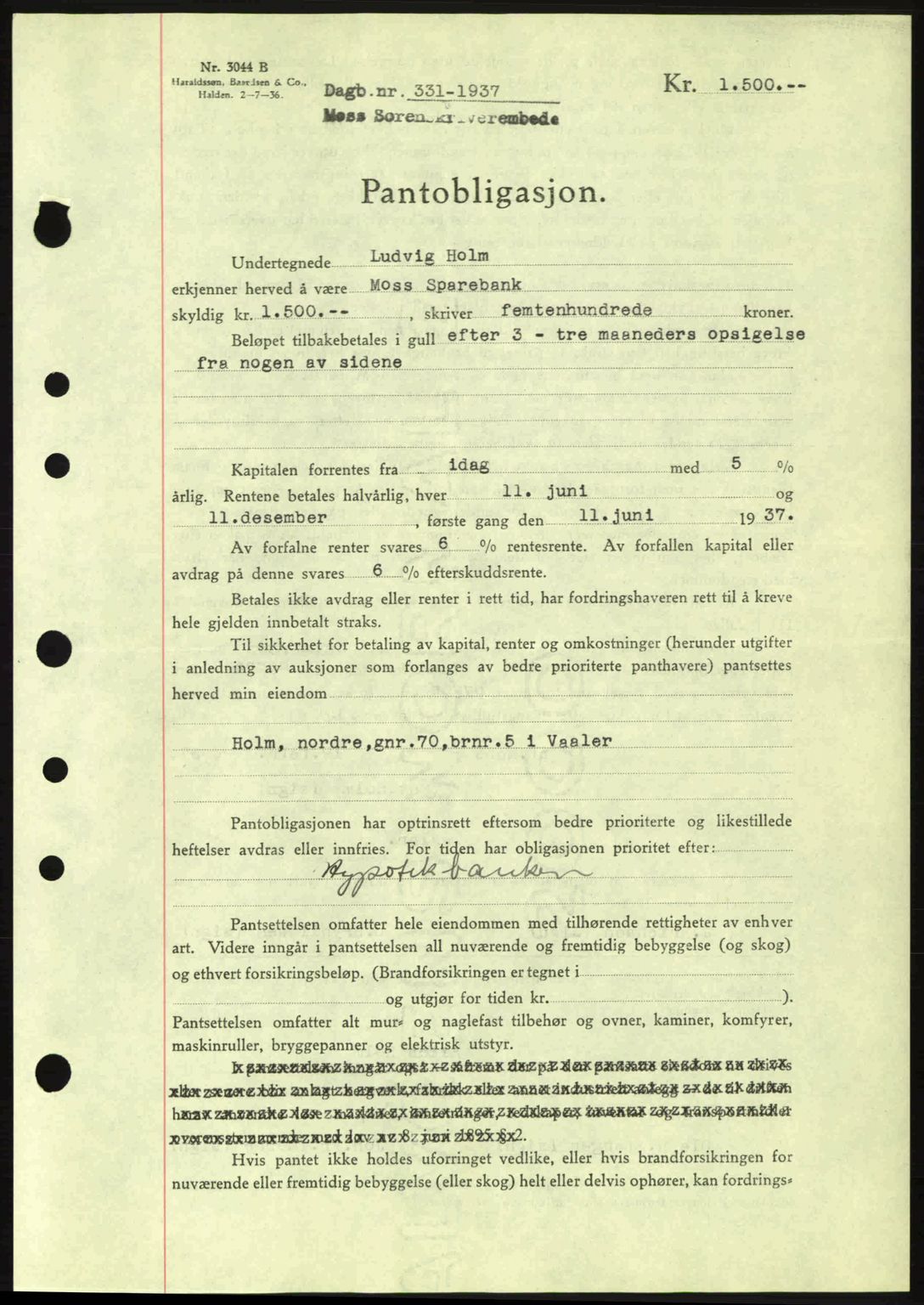 Moss sorenskriveri, SAO/A-10168: Pantebok nr. B3, 1937-1937, Dagboknr: 331/1937