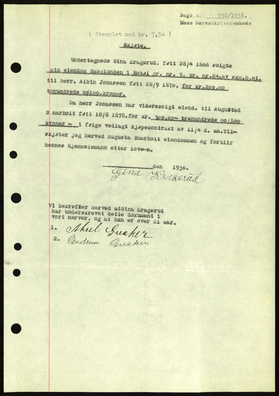 Moss sorenskriveri, SAO/A-10168: Pantebok nr. A1, 1936-1936, Dagboknr: 930/1936