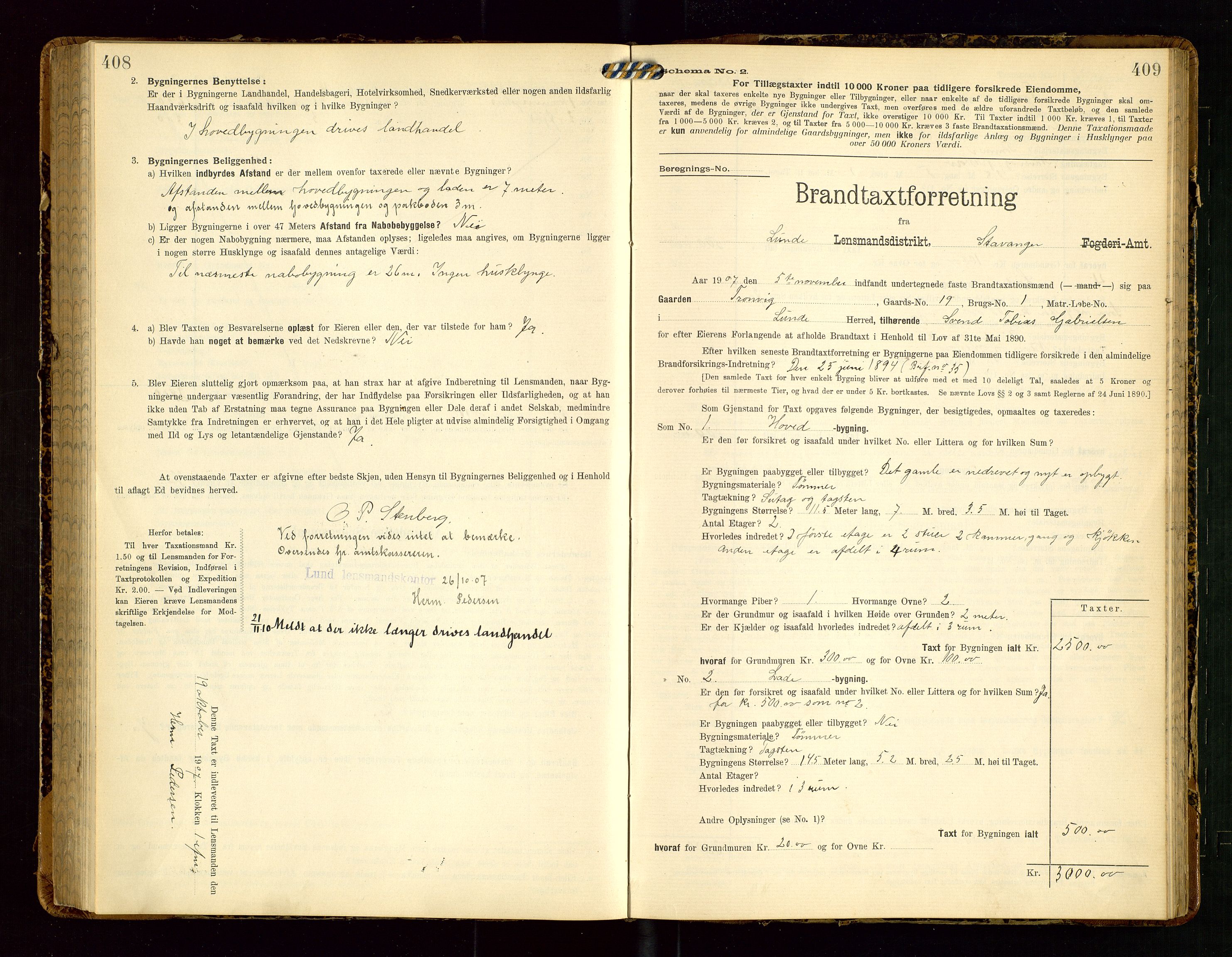 Lund lensmannskontor, SAST/A-100303/Gob/L0002: "Brandtakstprotokol", 1908-1918, s. 408-409