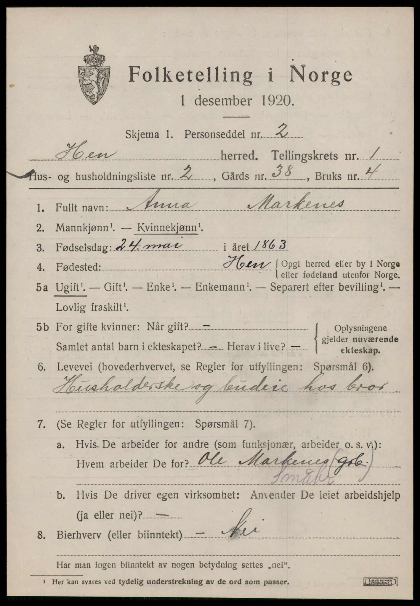 SAT, Folketelling 1920 for 1540 Hen herred, 1920, s. 480