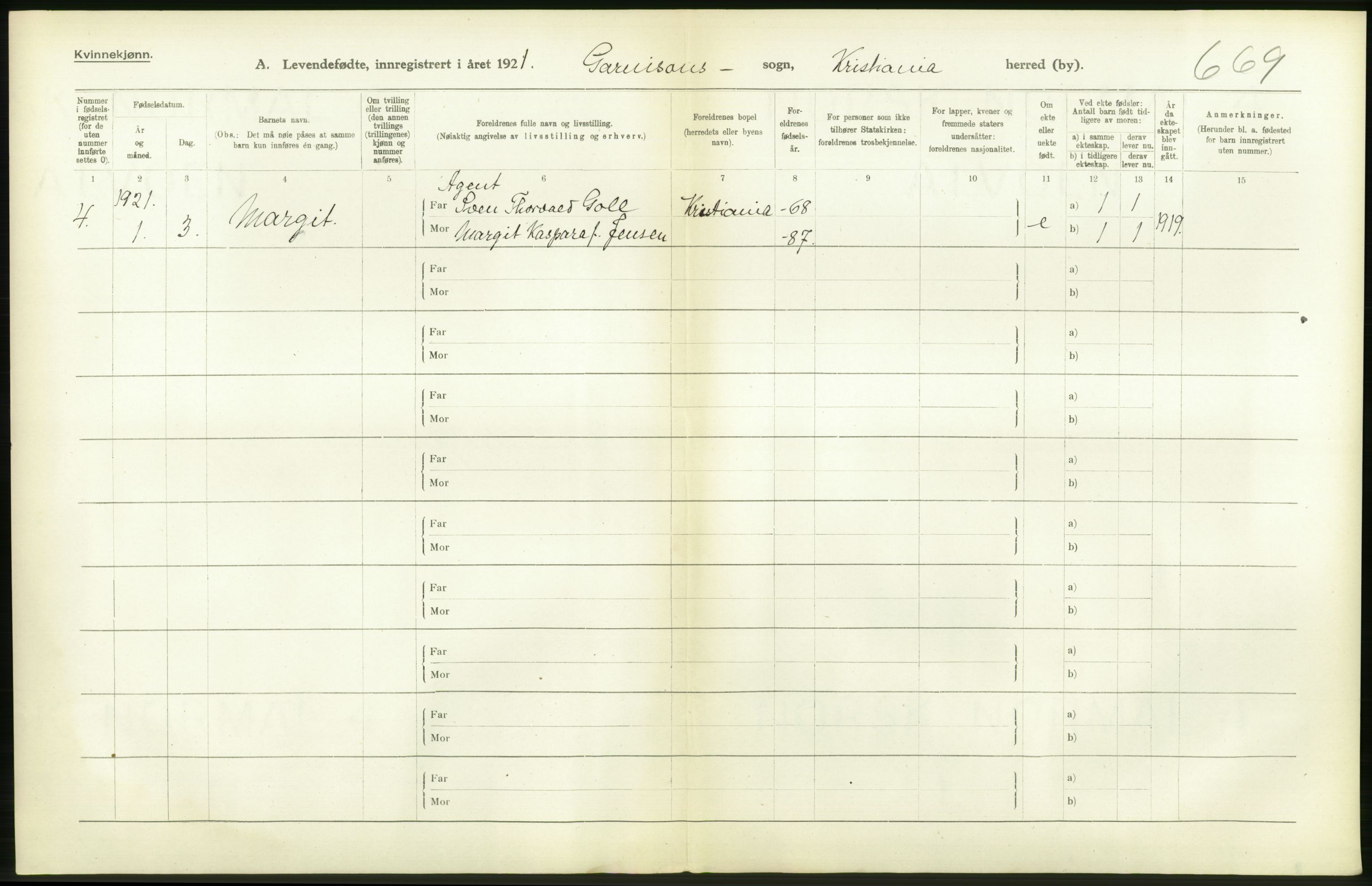 Statistisk sentralbyrå, Sosiodemografiske emner, Befolkning, RA/S-2228/D/Df/Dfc/Dfca/L0009: Kristiania: Levendefødte menn og kvinner., 1921, s. 366