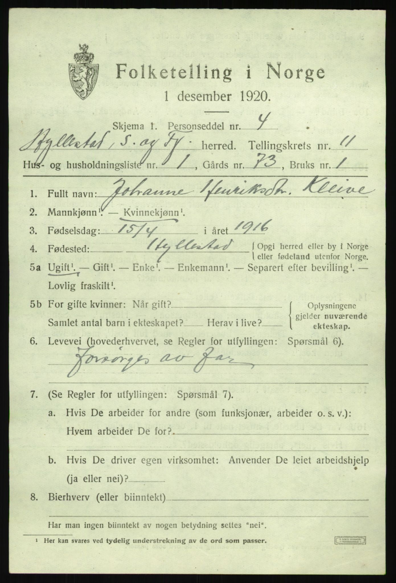 SAB, Folketelling 1920 for 1413 Hyllestad herred, 1920, s. 4098