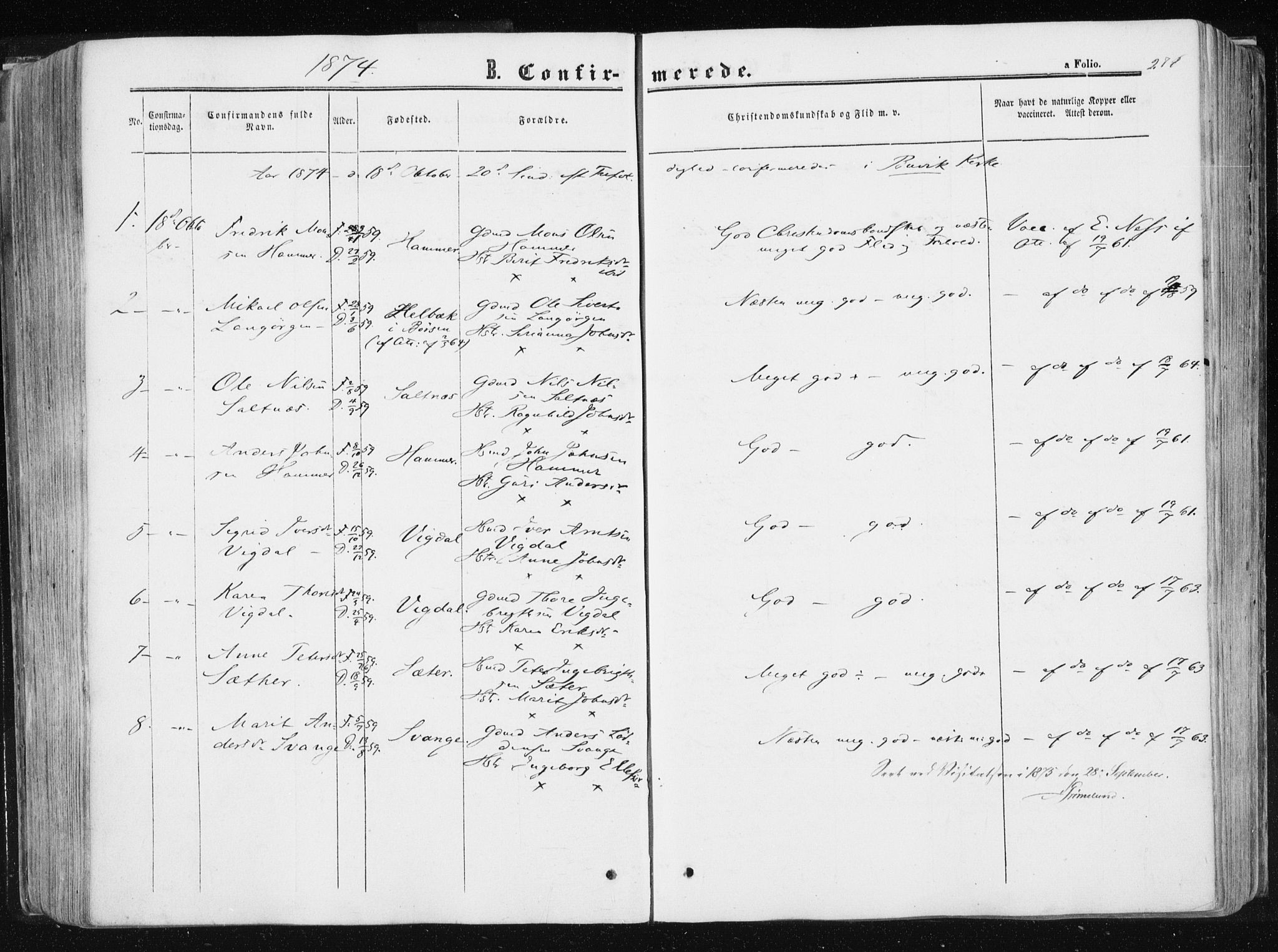 Ministerialprotokoller, klokkerbøker og fødselsregistre - Sør-Trøndelag, SAT/A-1456/612/L0377: Ministerialbok nr. 612A09, 1859-1877, s. 278