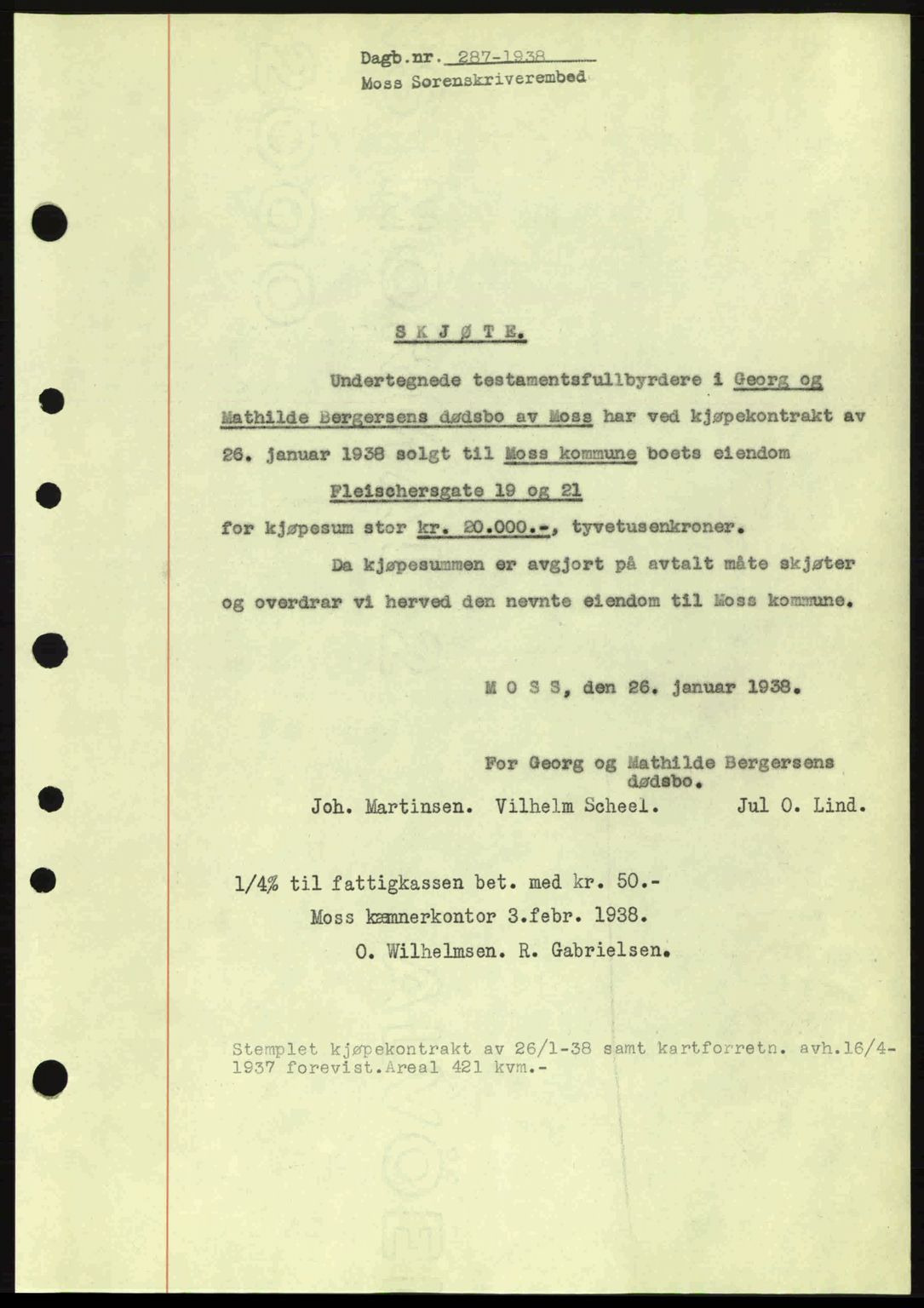 Moss sorenskriveri, SAO/A-10168: Pantebok nr. A4, 1938-1938, Dagboknr: 287/1938