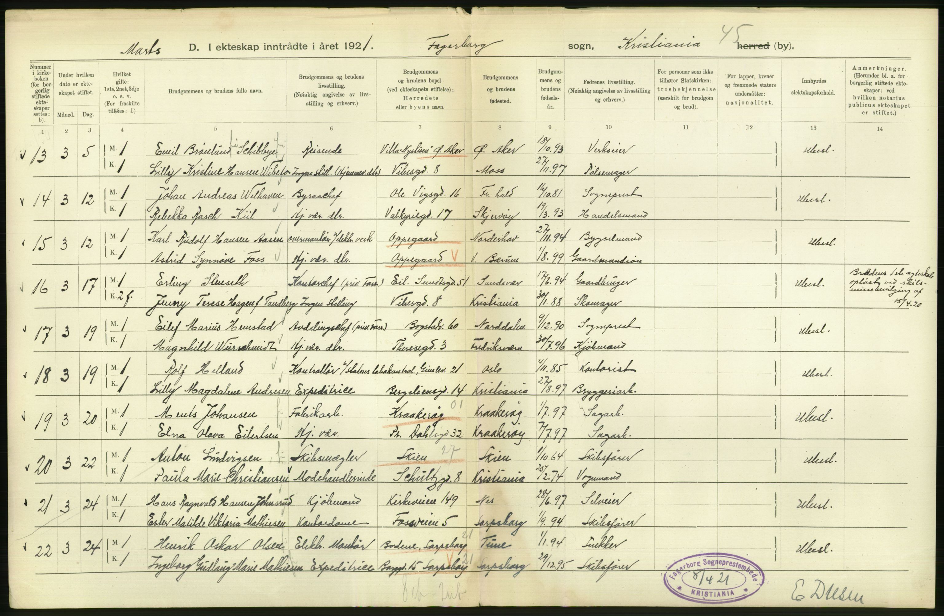 Statistisk sentralbyrå, Sosiodemografiske emner, Befolkning, AV/RA-S-2228/D/Df/Dfc/Dfca/L0011: Kristiania: Gifte, 1921, s. 260