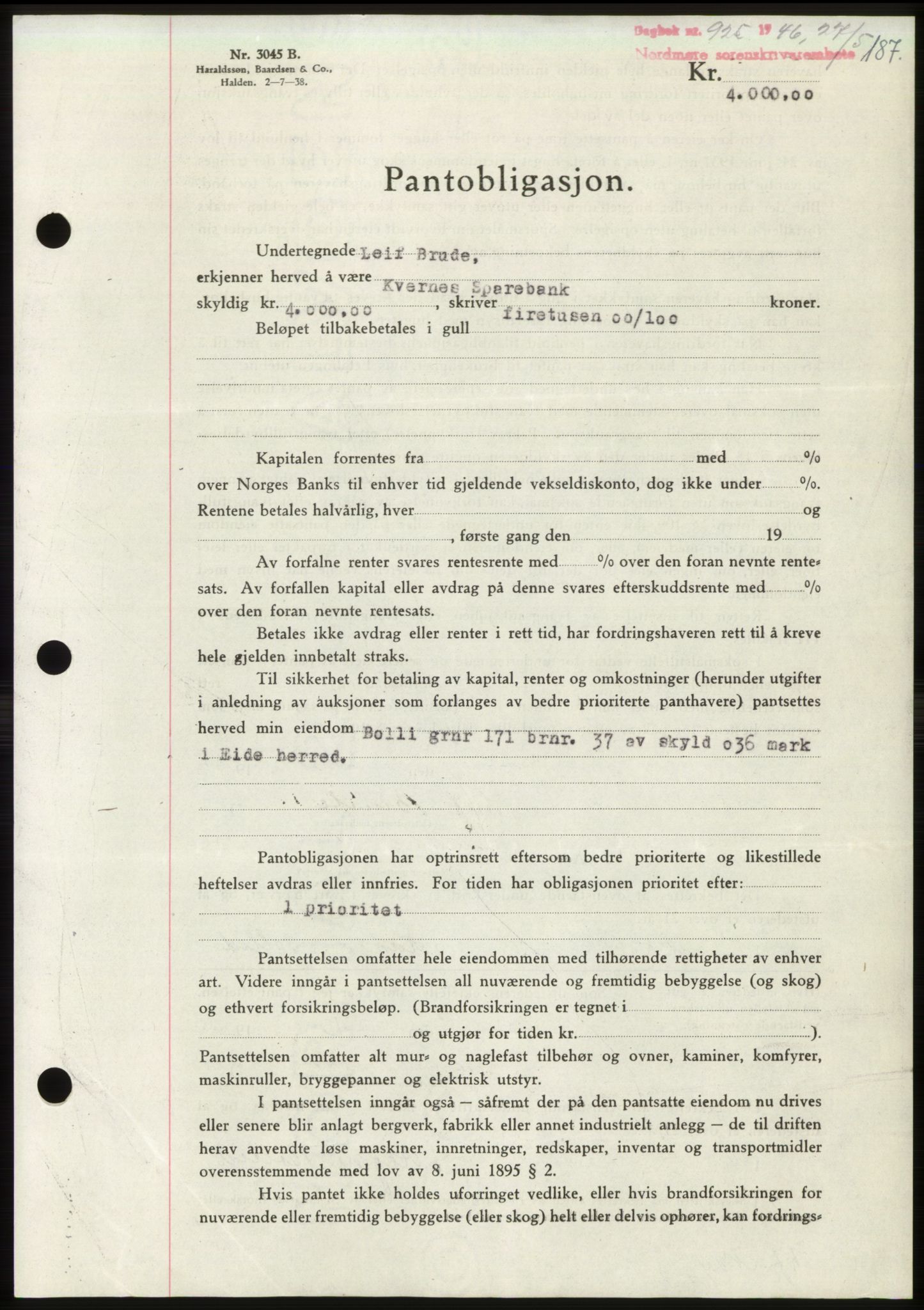 Nordmøre sorenskriveri, SAT/A-4132/1/2/2Ca: Pantebok nr. B94, 1946-1946, Dagboknr: 925/1946