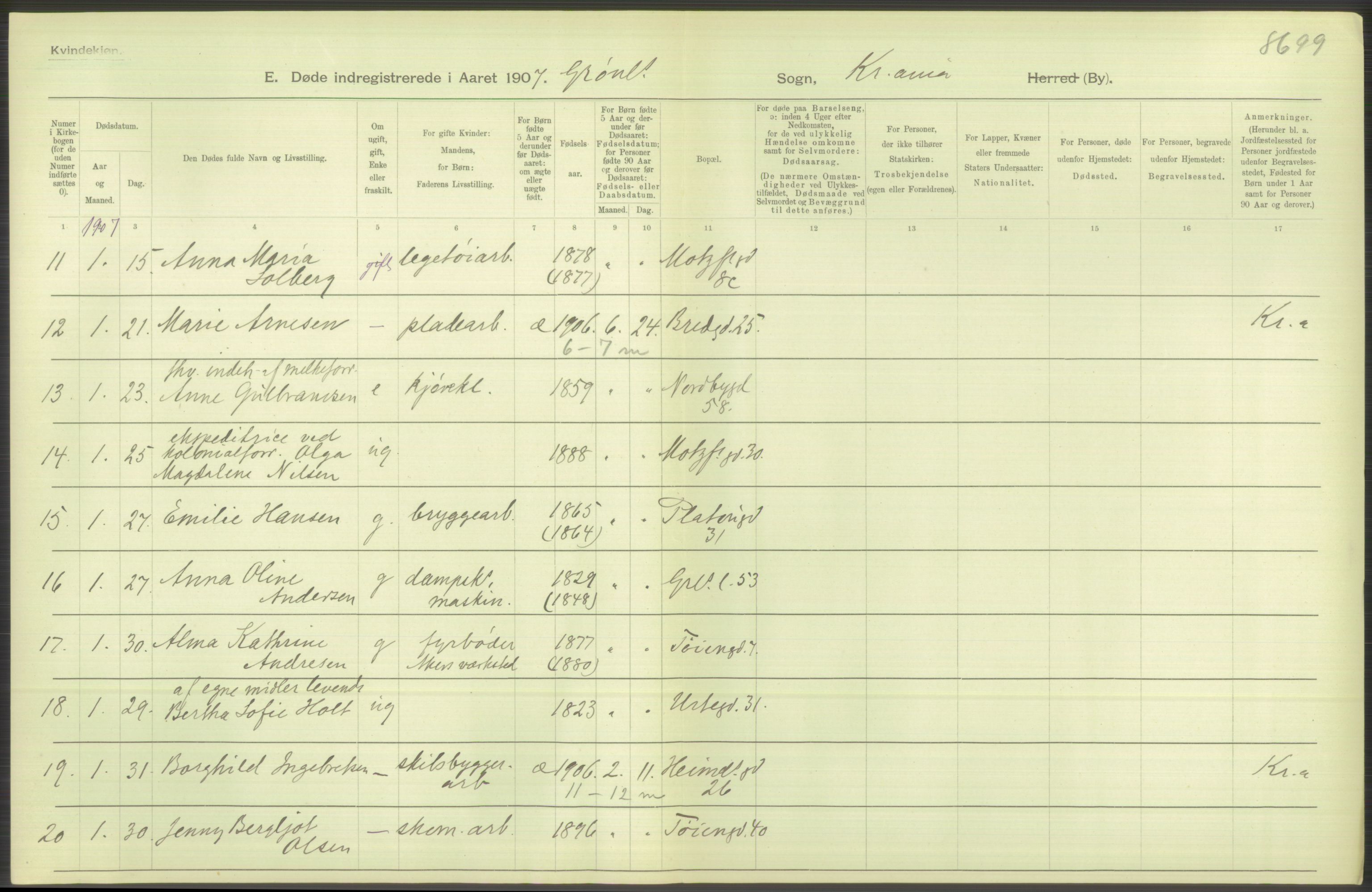 Statistisk sentralbyrå, Sosiodemografiske emner, Befolkning, AV/RA-S-2228/D/Df/Dfa/Dfae/L0009: Kristiania: Døde, 1907, s. 456