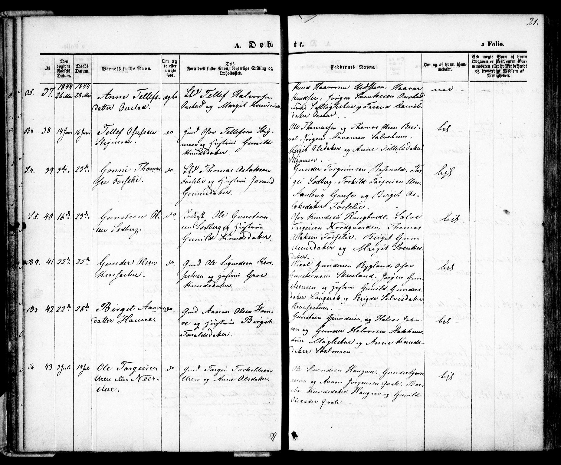 Bygland sokneprestkontor, AV/SAK-1111-0006/F/Fa/Fab/L0004: Ministerialbok nr. A 4, 1842-1858, s. 21