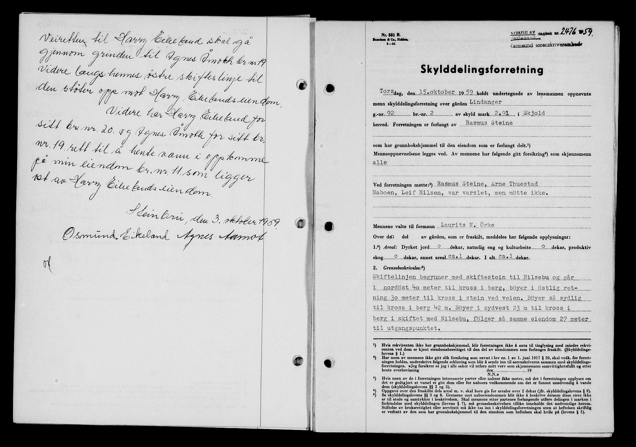 Karmsund sorenskriveri, SAST/A-100311/01/II/IIB/L0132: Pantebok nr. 112A, 1959-1959, Dagboknr: 2476/1959