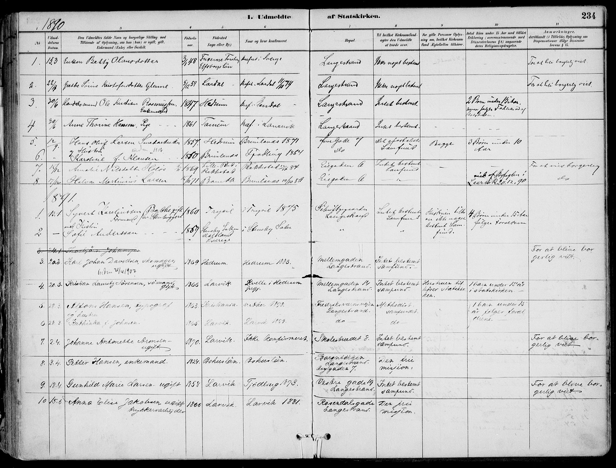 Larvik kirkebøker, AV/SAKO-A-352/F/Fb/L0004: Ministerialbok nr. II 4, 1884-1902, s. 234