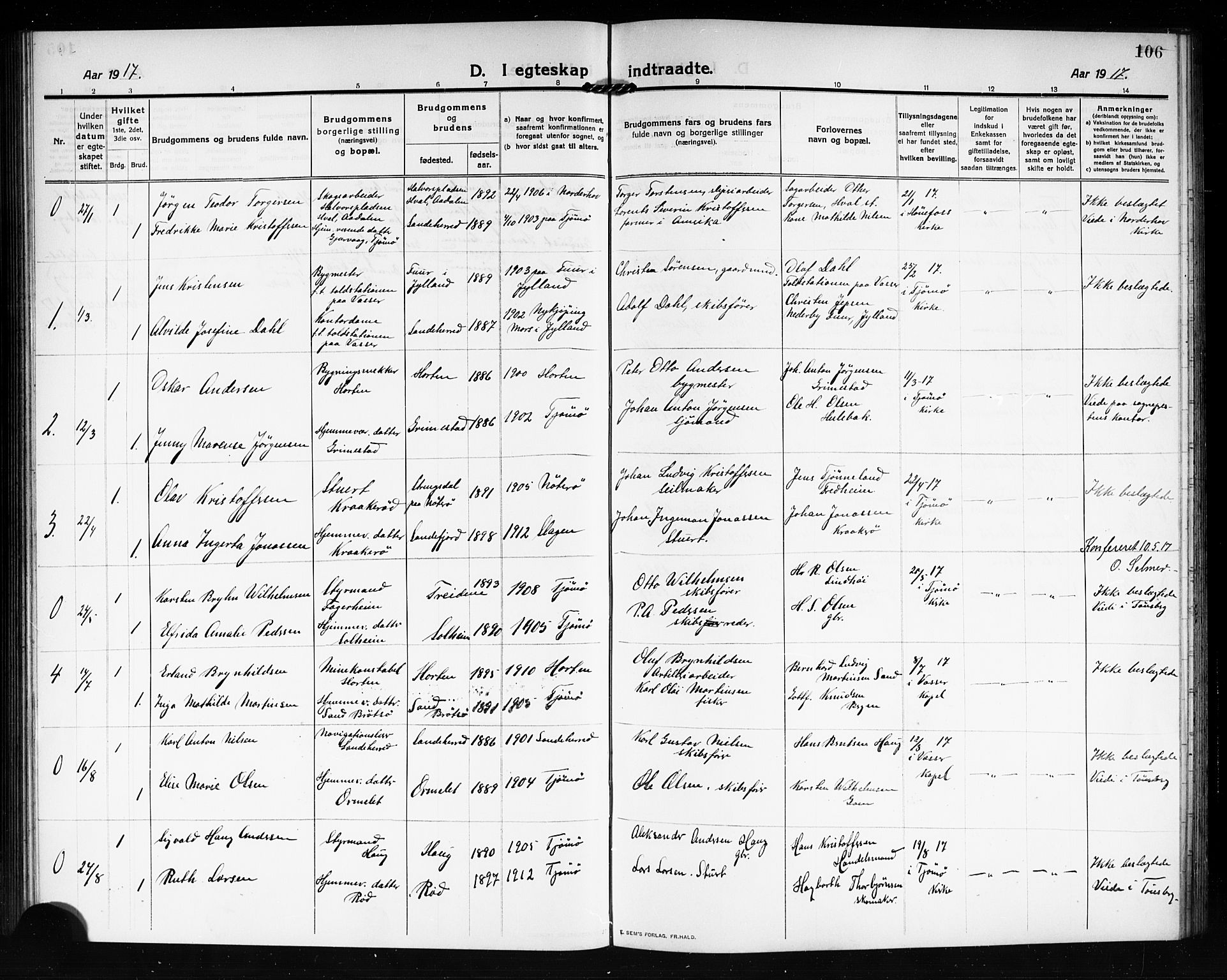 Tjøme kirkebøker, AV/SAKO-A-328/G/Ga/L0002: Klokkerbok nr. I 2, 1911-1920, s. 106