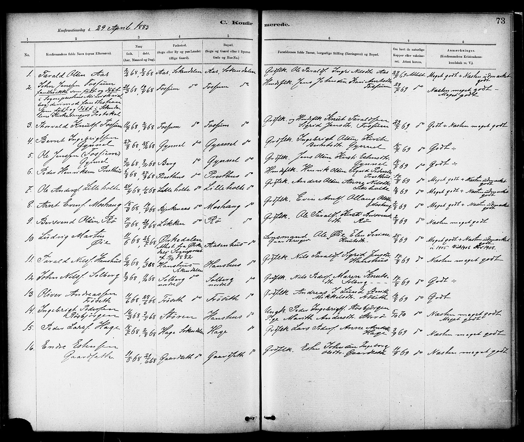 Ministerialprotokoller, klokkerbøker og fødselsregistre - Sør-Trøndelag, AV/SAT-A-1456/689/L1040: Ministerialbok nr. 689A05, 1878-1890, s. 73