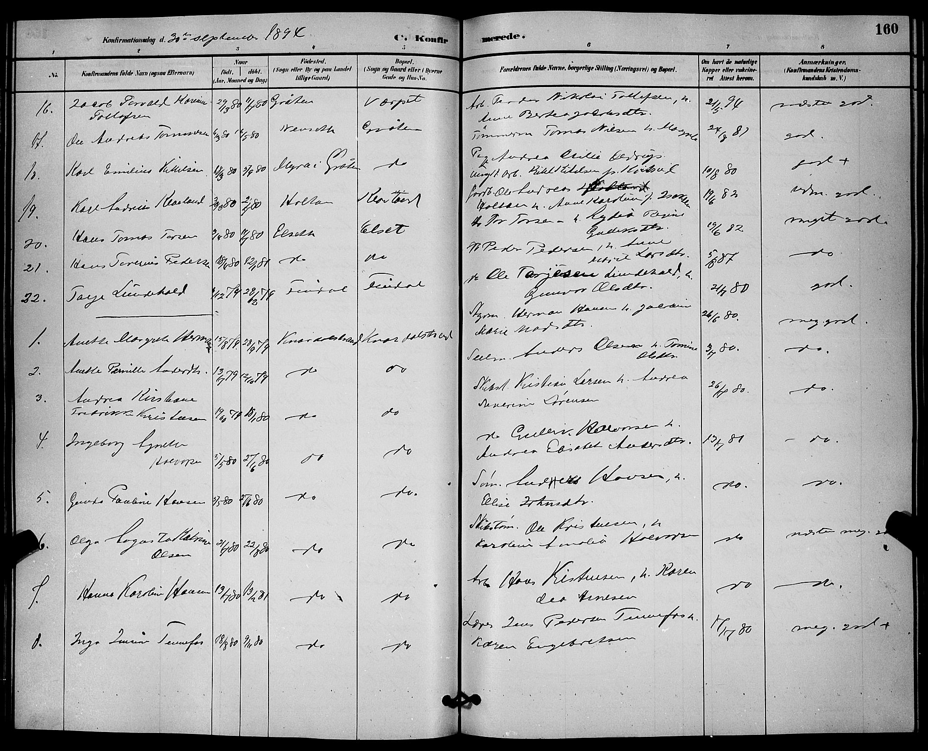 Solum kirkebøker, AV/SAKO-A-306/G/Ga/L0007: Klokkerbok nr. I 7, 1884-1898, s. 160