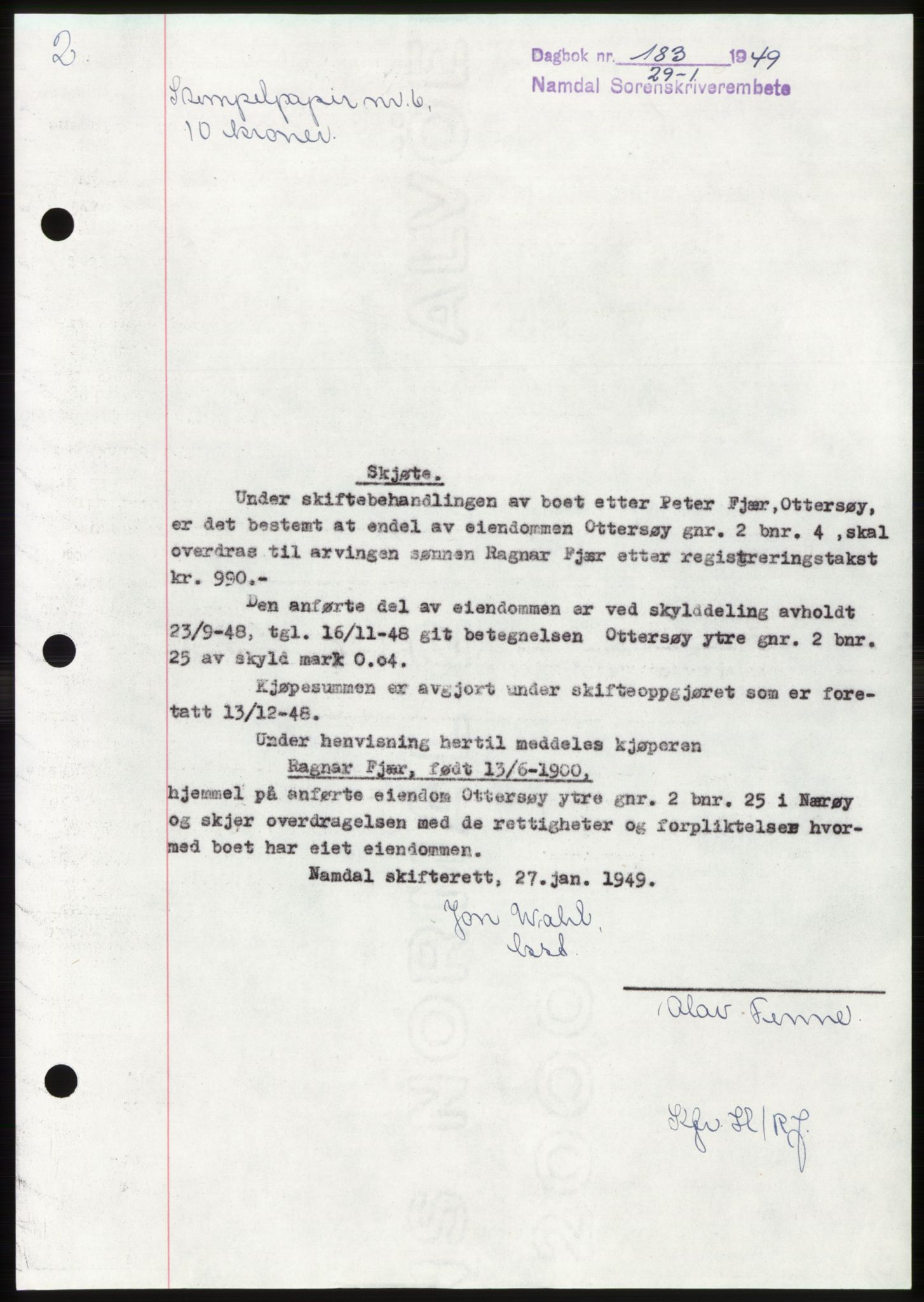 Namdal sorenskriveri, SAT/A-4133/1/2/2C: Pantebok nr. -, 1949-1949, Dagboknr: 183/1949