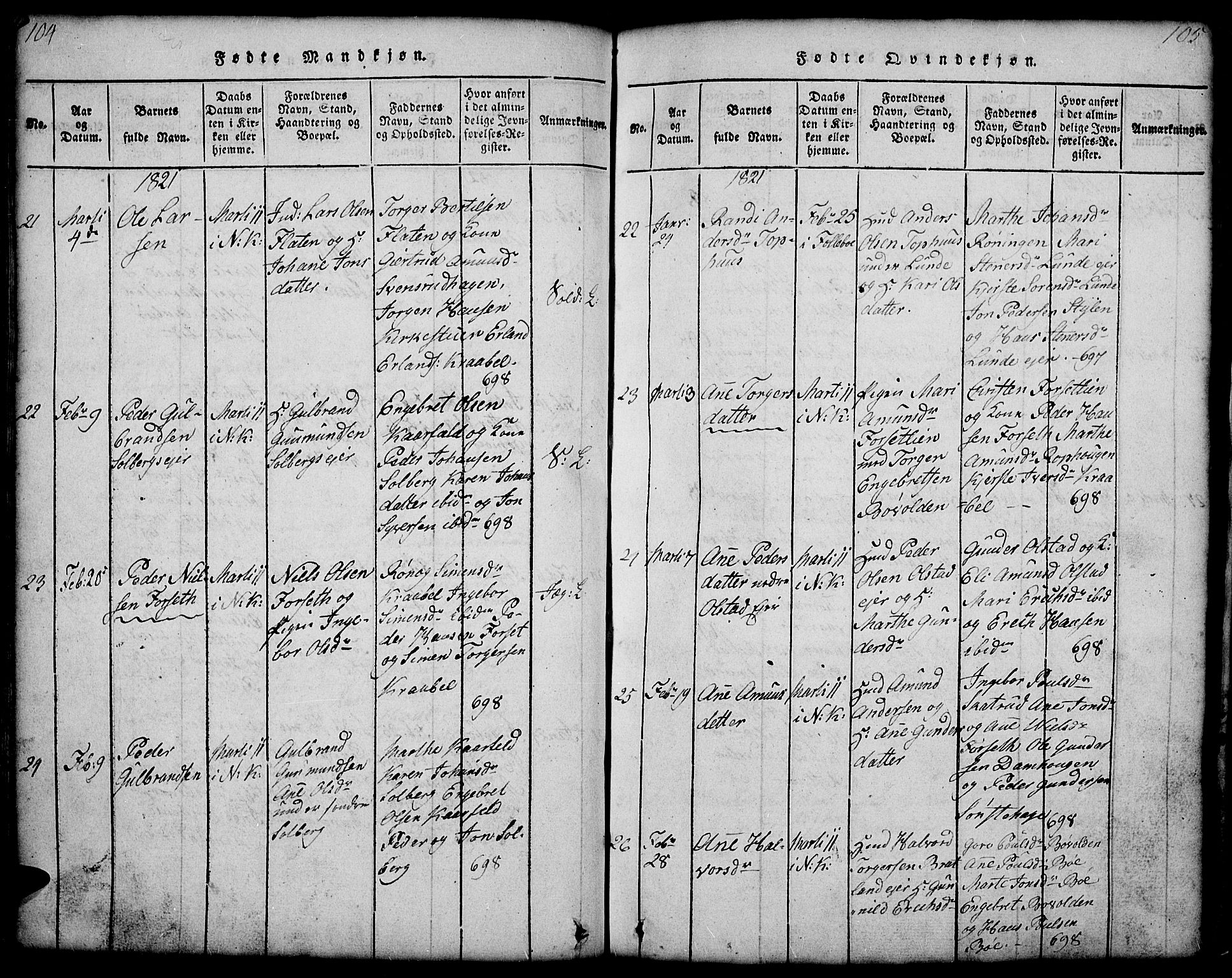 Gausdal prestekontor, AV/SAH-PREST-090/H/Ha/Hab/L0001: Klokkerbok nr. 1, 1817-1848, s. 104-105