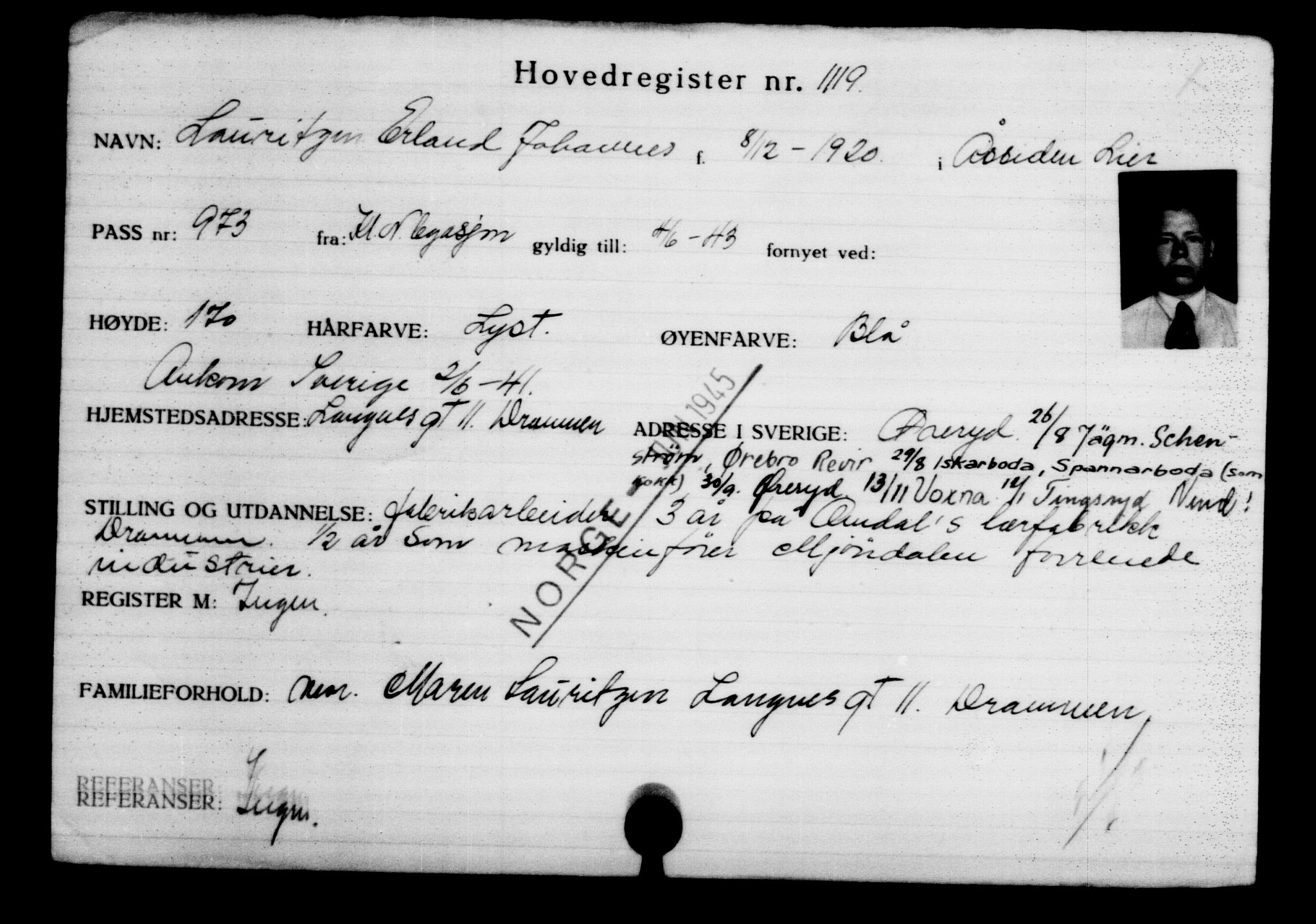 Utenriksstasjonene, Legasjonen i Stockholm, Flyktningkontoret, AV/RA-S-6753/V/Va/L0002: Kjesäterkartoteket, flyktninger med registreringsnr. 1001-2000, 1940-1945, s. 193
