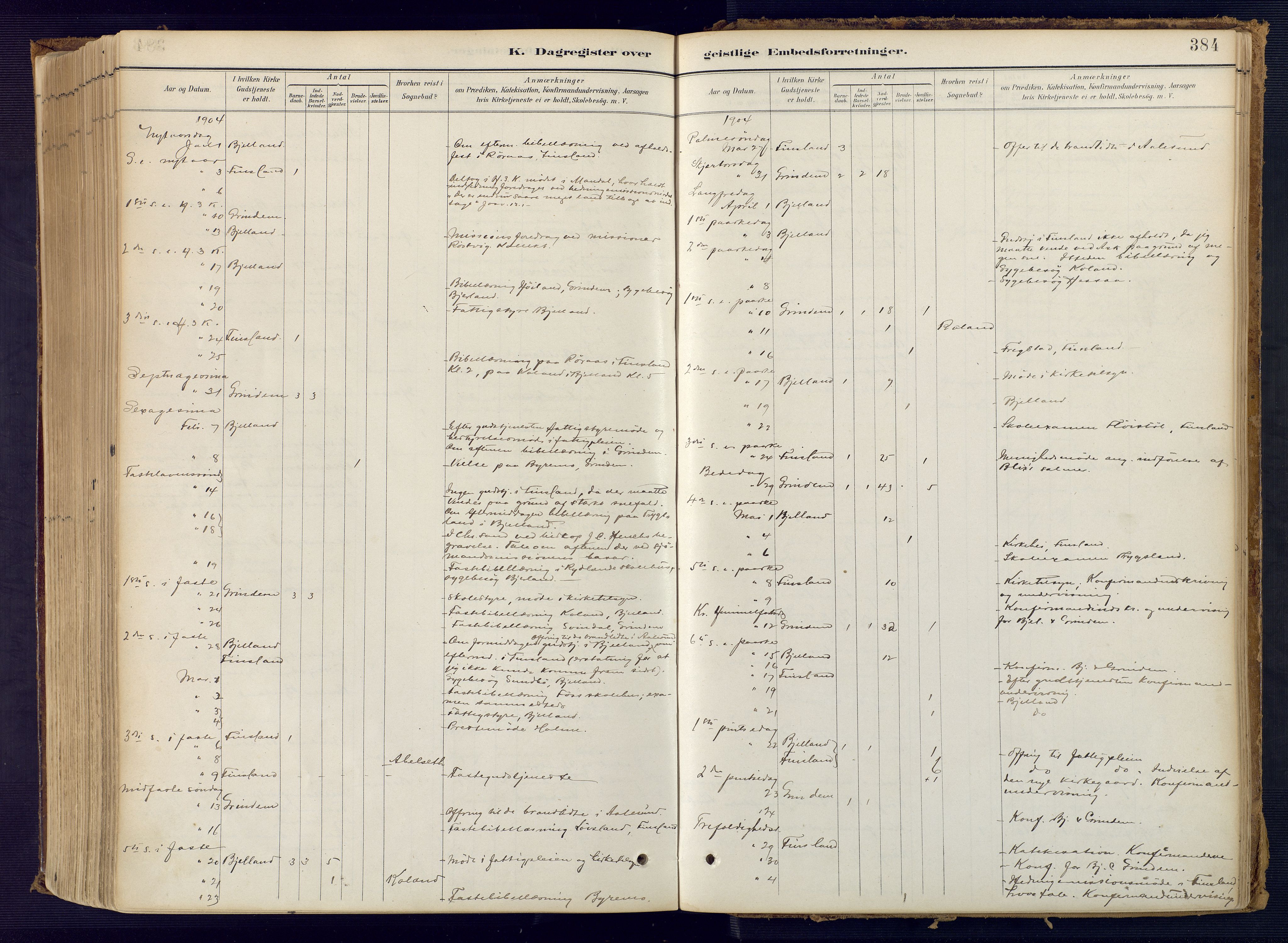 Bjelland sokneprestkontor, SAK/1111-0005/F/Fa/Faa/L0004: Ministerialbok nr. A 4, 1887-1923, s. 384