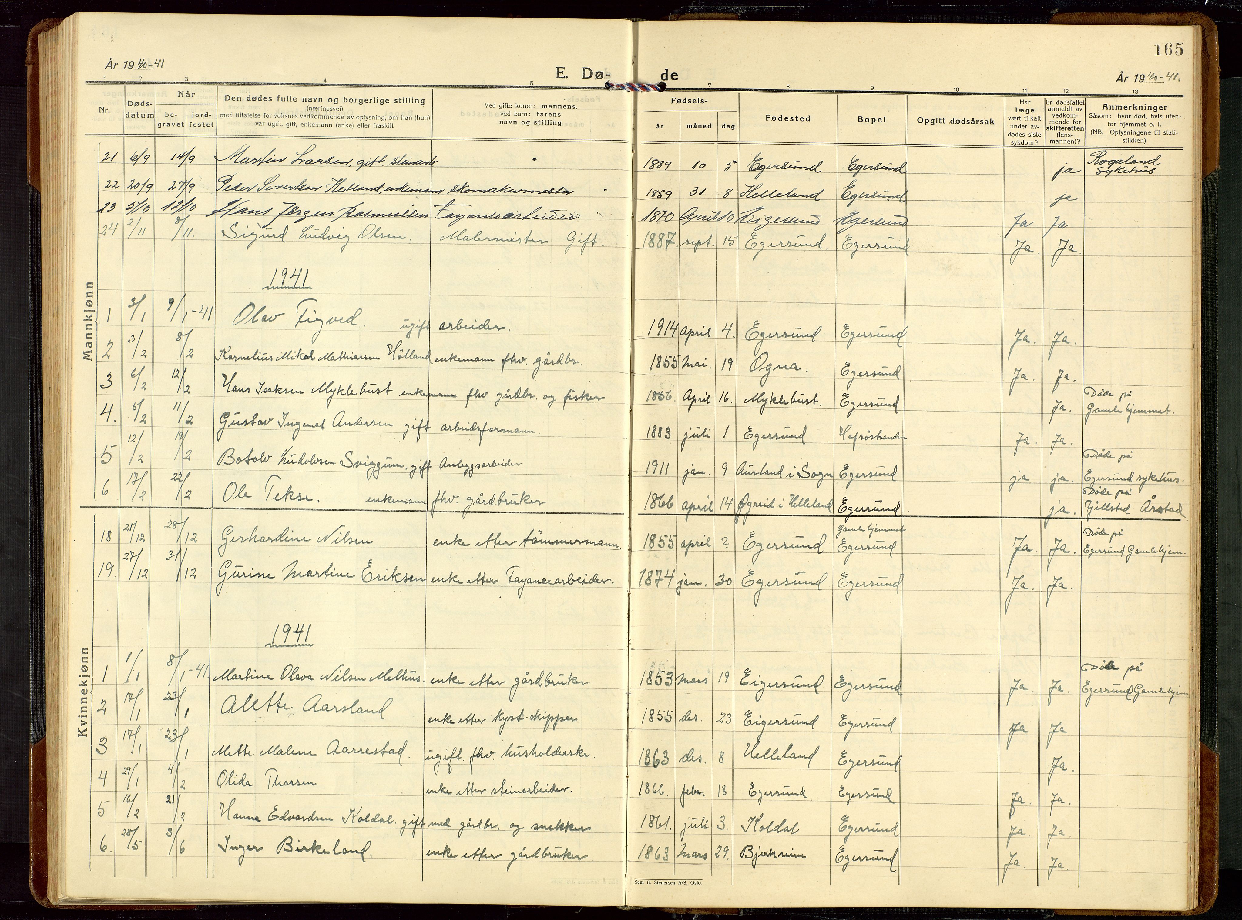 Eigersund sokneprestkontor, AV/SAST-A-101807/S09/L0014: Klokkerbok nr. B 14, 1931-1949, s. 165