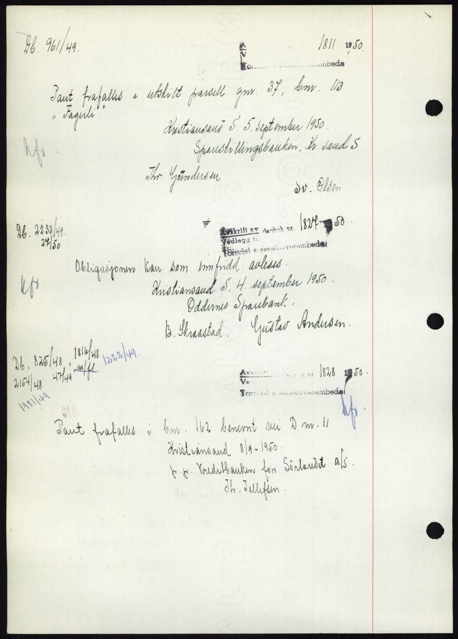 Torridal sorenskriveri, AV/SAK-1221-0012/G/Gb/Gbb/L0020: Pantebok nr. 63B, 1950-1950, Tingl.dato: 01.09.1950