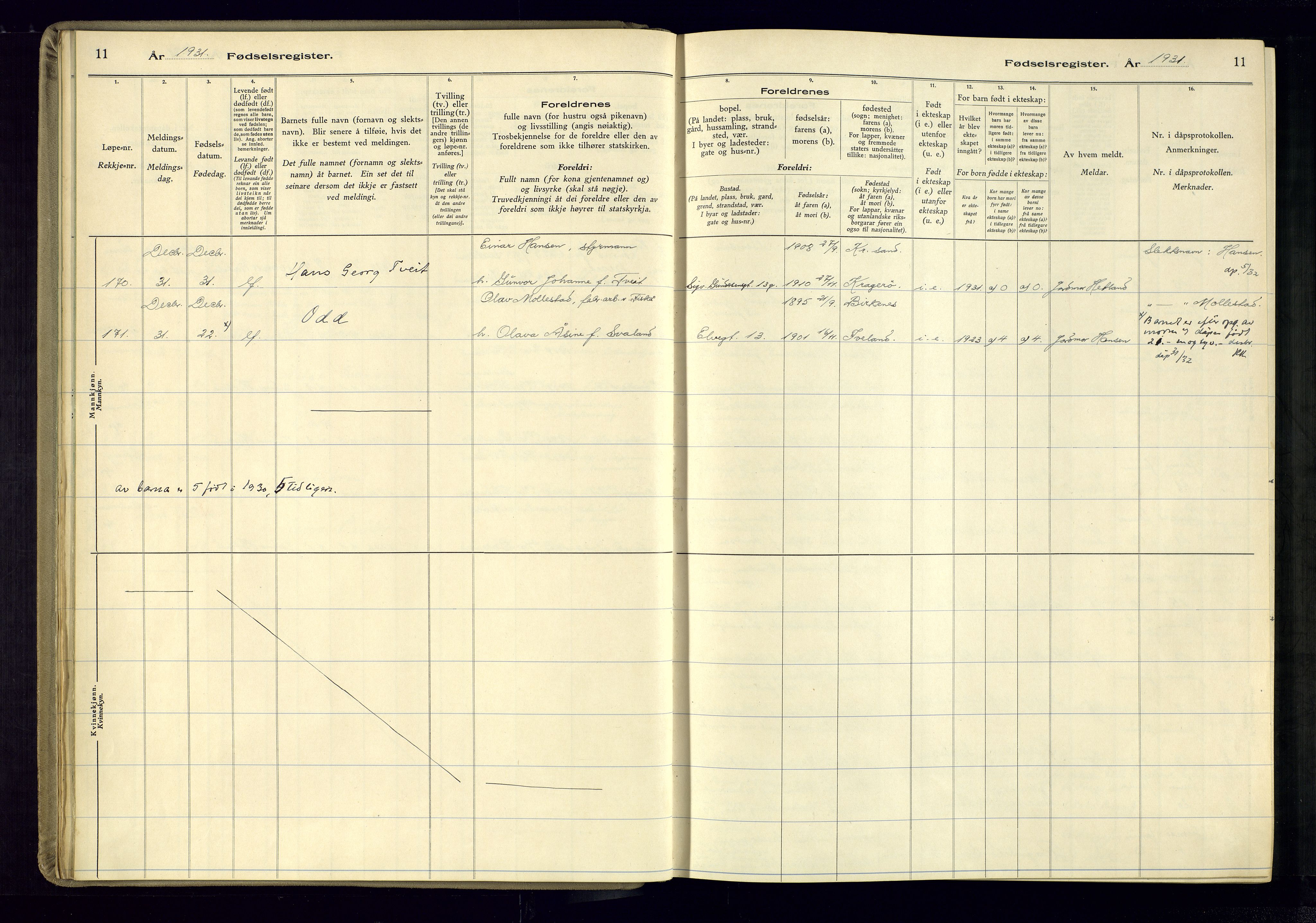 Kristiansand domprosti, SAK/1112-0006/J/Jc/L0004: Fødselsregister nr. A-VI-48, 1931-1937, s. 11