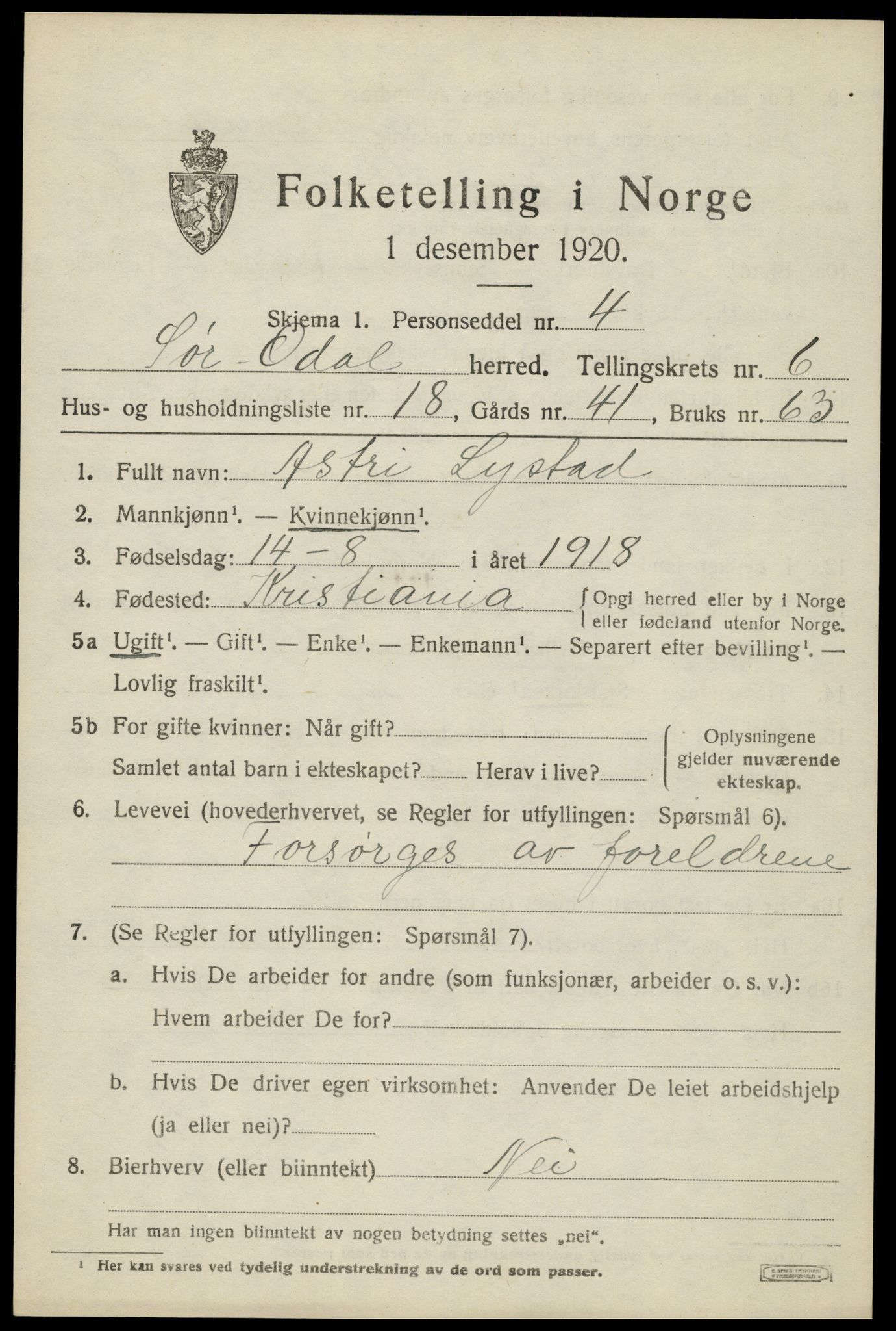SAH, Folketelling 1920 for 0419 Sør-Odal herred, 1920, s. 6963