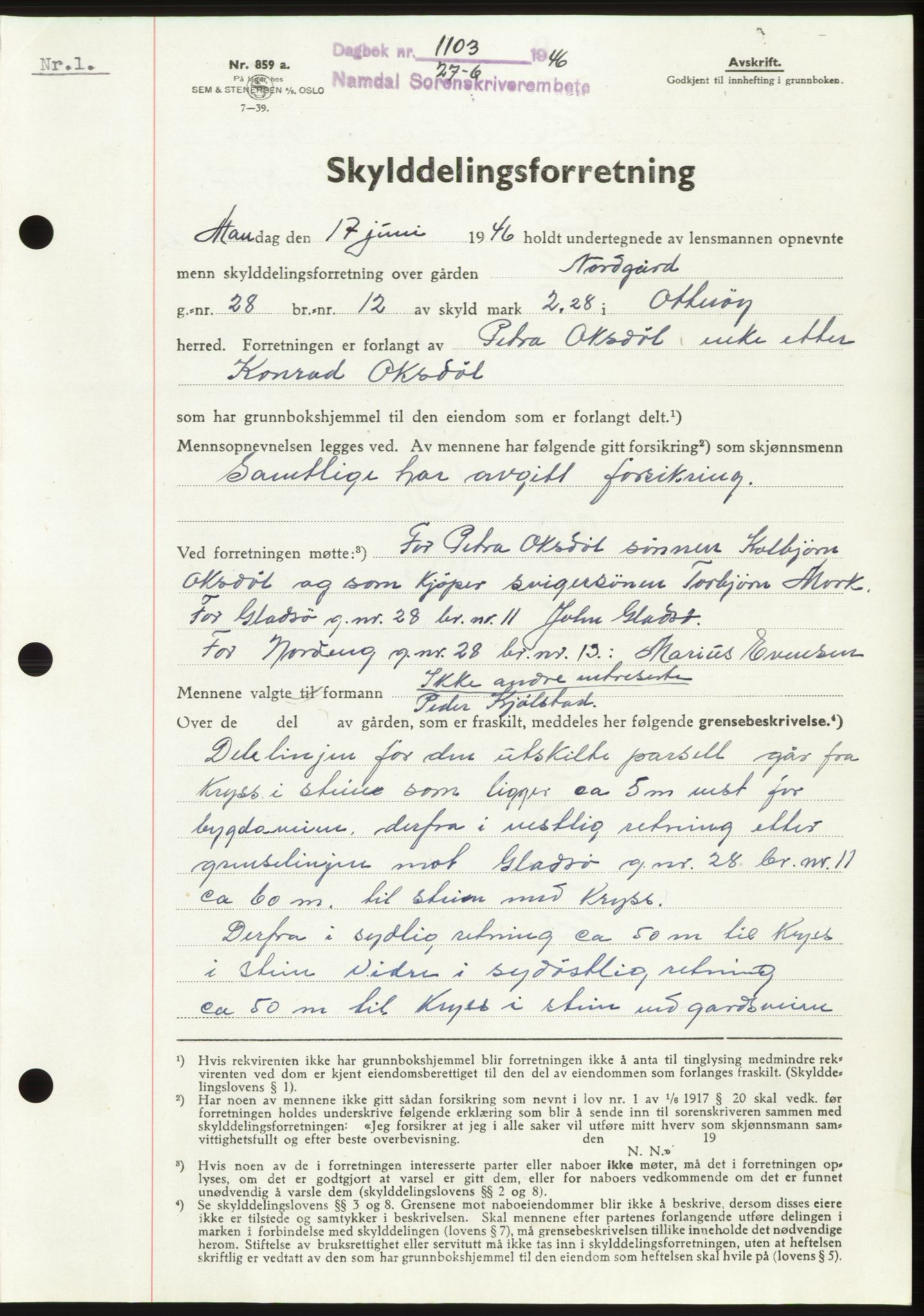 Namdal sorenskriveri, SAT/A-4133/1/2/2C: Pantebok nr. -, 1946-1946, Dagboknr: 1103/1946