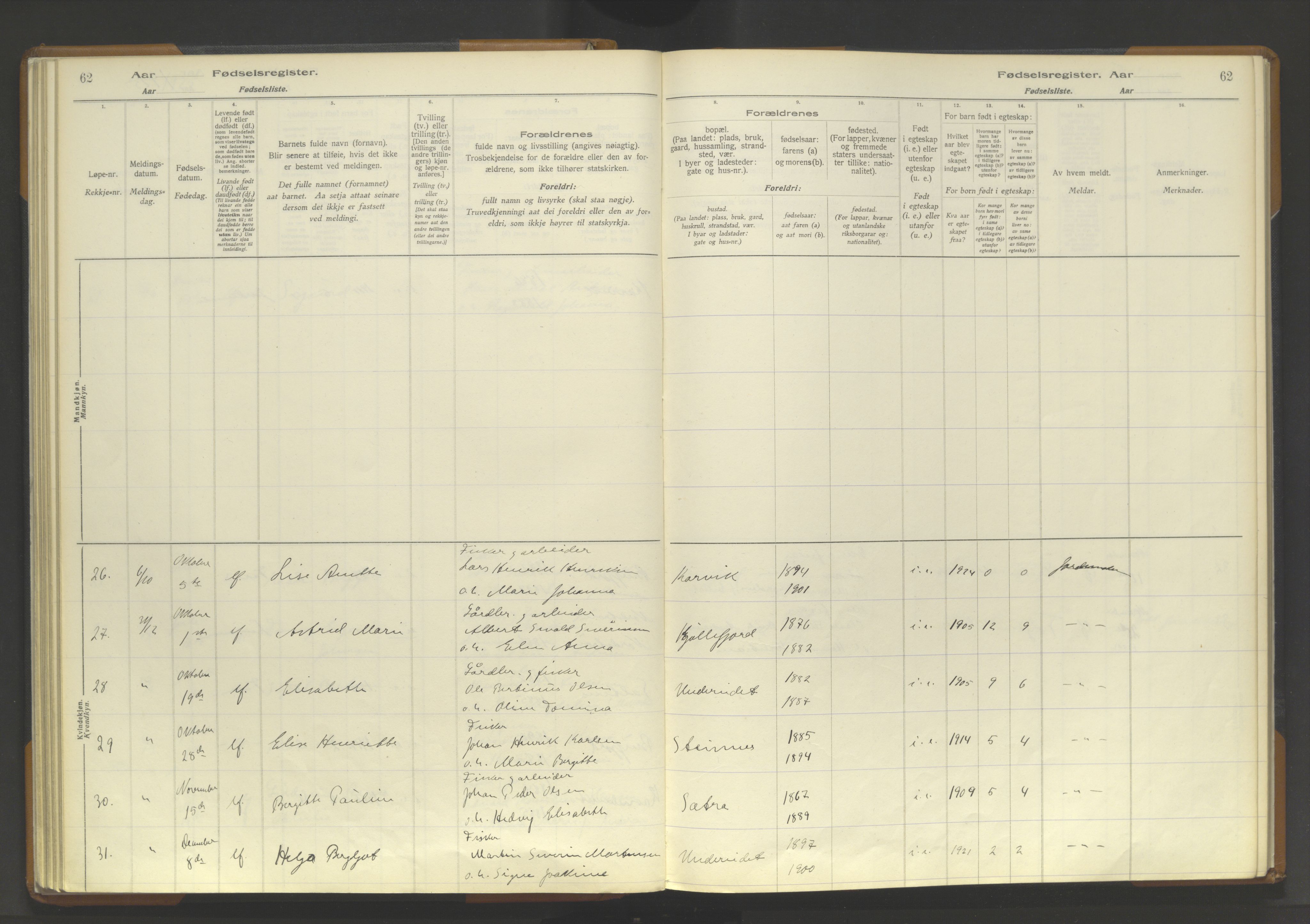 Skjervøy sokneprestkontor, AV/SATØ-S-1300/I/Ia/L0062: Fødselsregister nr. 62, 1916-1950, s. 62