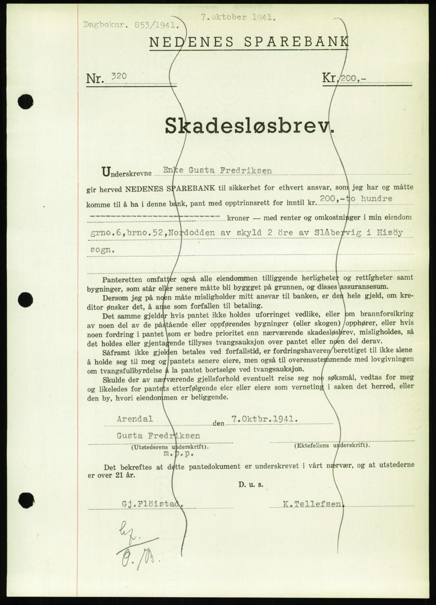 Nedenes sorenskriveri, SAK/1221-0006/G/Gb/Gbb/L0001: Pantebok nr. I, 1939-1942, Dagboknr: 853/1941
