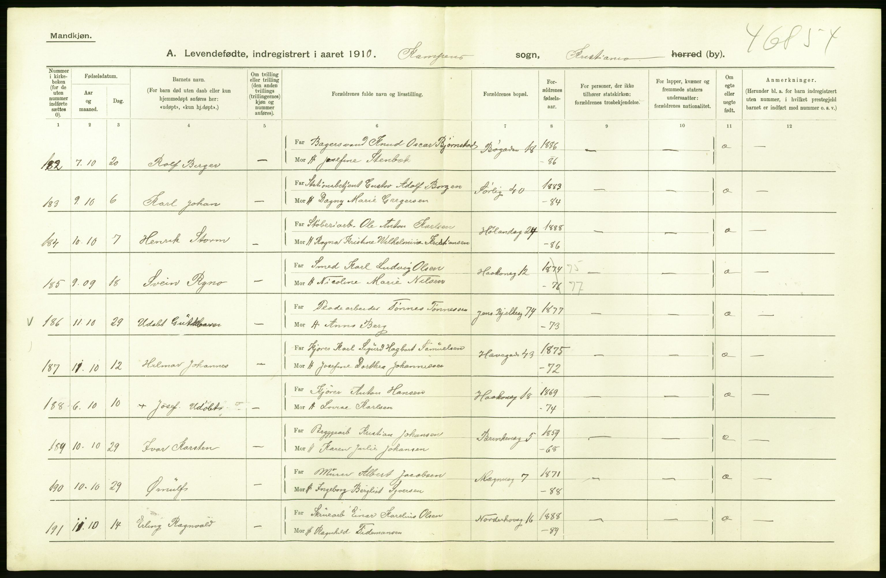 Statistisk sentralbyrå, Sosiodemografiske emner, Befolkning, AV/RA-S-2228/D/Df/Dfa/Dfah/L0006: Kristiania: Levendefødte menn., 1910, s. 318