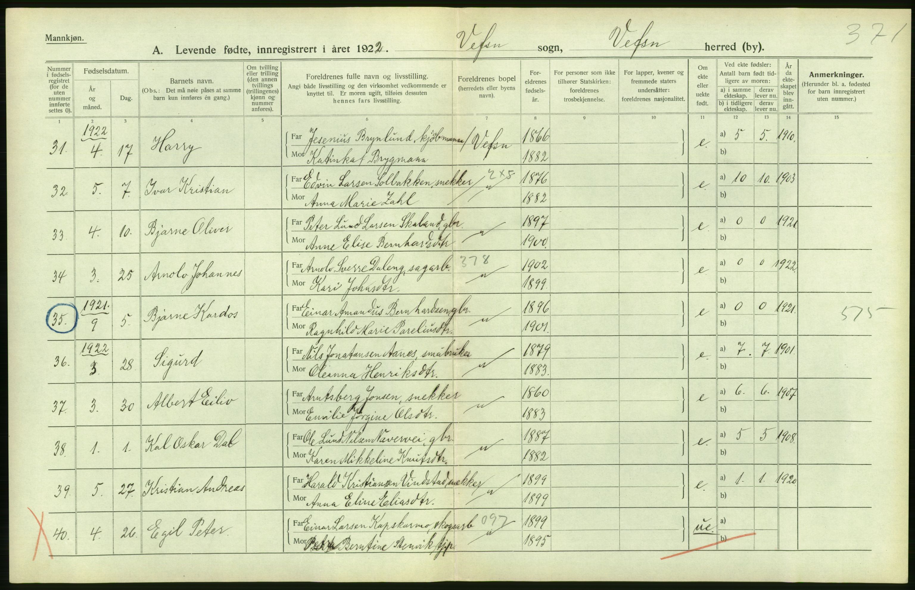 Statistisk sentralbyrå, Sosiodemografiske emner, Befolkning, AV/RA-S-2228/D/Df/Dfc/Dfcb/L0044: Nordland fylke: Levendefødte menn og kvinner. Bygder og byer., 1922, s. 346