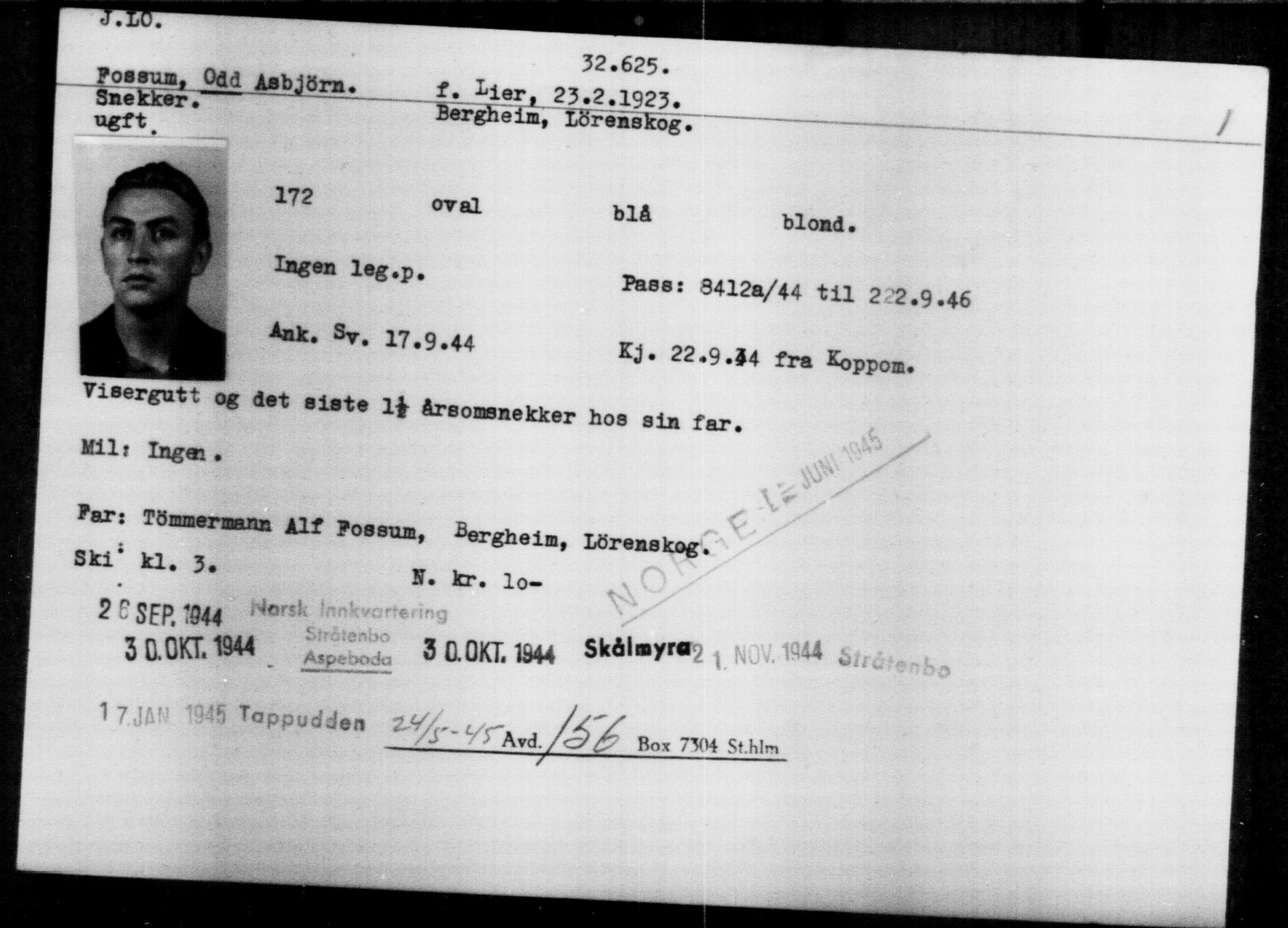 Utenriksstasjonene, Legasjonen i Stockholm, Flyktningkontoret, AV/RA-S-6753/V/Va/L0013: Kjesäterkartoteket, flyktninger med registreringsnr. 31500-34731, 1940-1945, s. 1188
