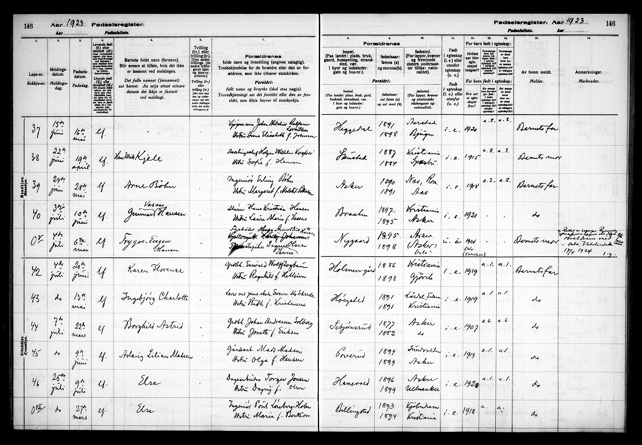 Asker prestekontor Kirkebøker, AV/SAO-A-10256a/J/L0001: Fødselsregister nr. 1, 1916-1925, s. 146