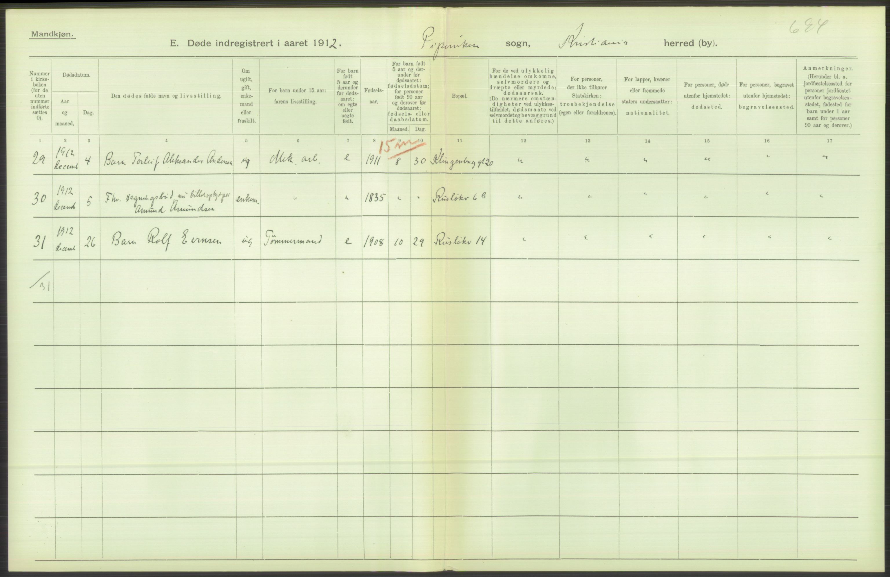 Statistisk sentralbyrå, Sosiodemografiske emner, Befolkning, RA/S-2228/D/Df/Dfb/Dfbb/L0010: Kristiania: Døde, dødfødte, 1912, s. 392