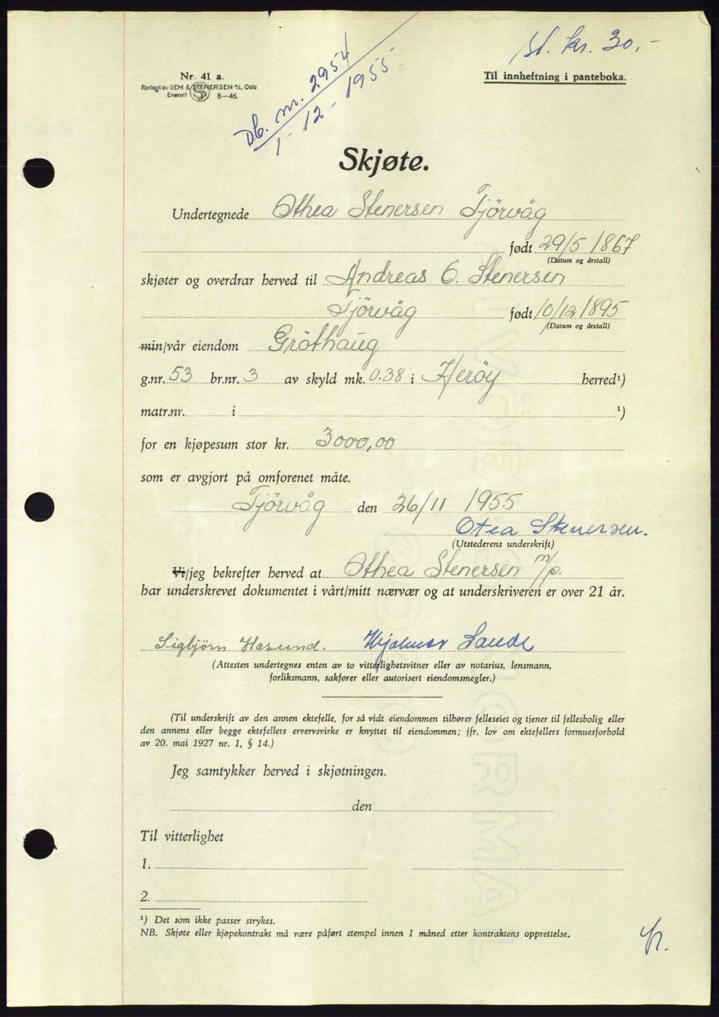 Søre Sunnmøre sorenskriveri, AV/SAT-A-4122/1/2/2C/L0102: Pantebok nr. 28A, 1955-1956, Dagboknr: 2954/1955