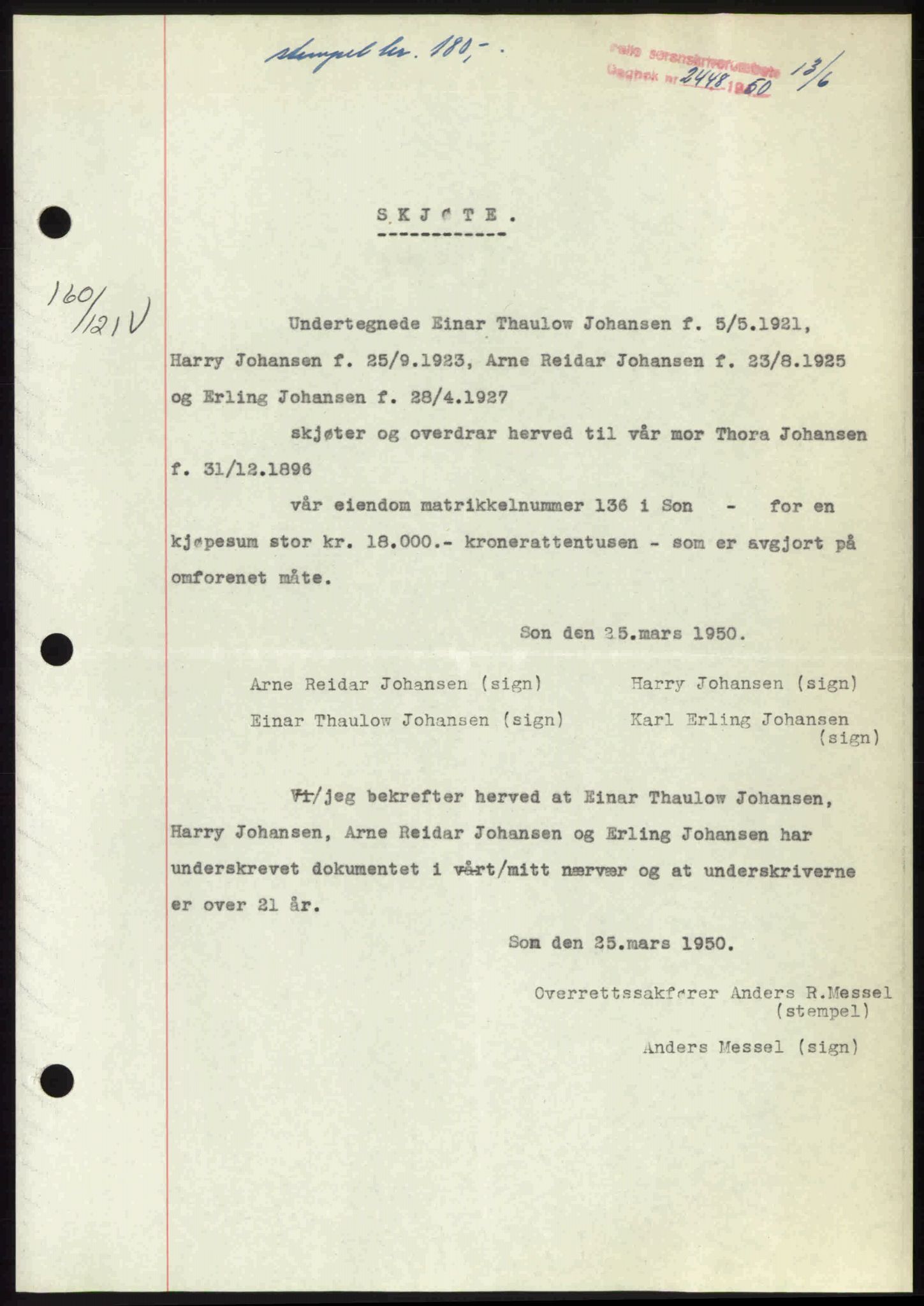 Follo sorenskriveri, SAO/A-10274/G/Ga/Gaa/L0092: Pantebok nr. I 92, 1950-1950, Dagboknr: 2448/1950