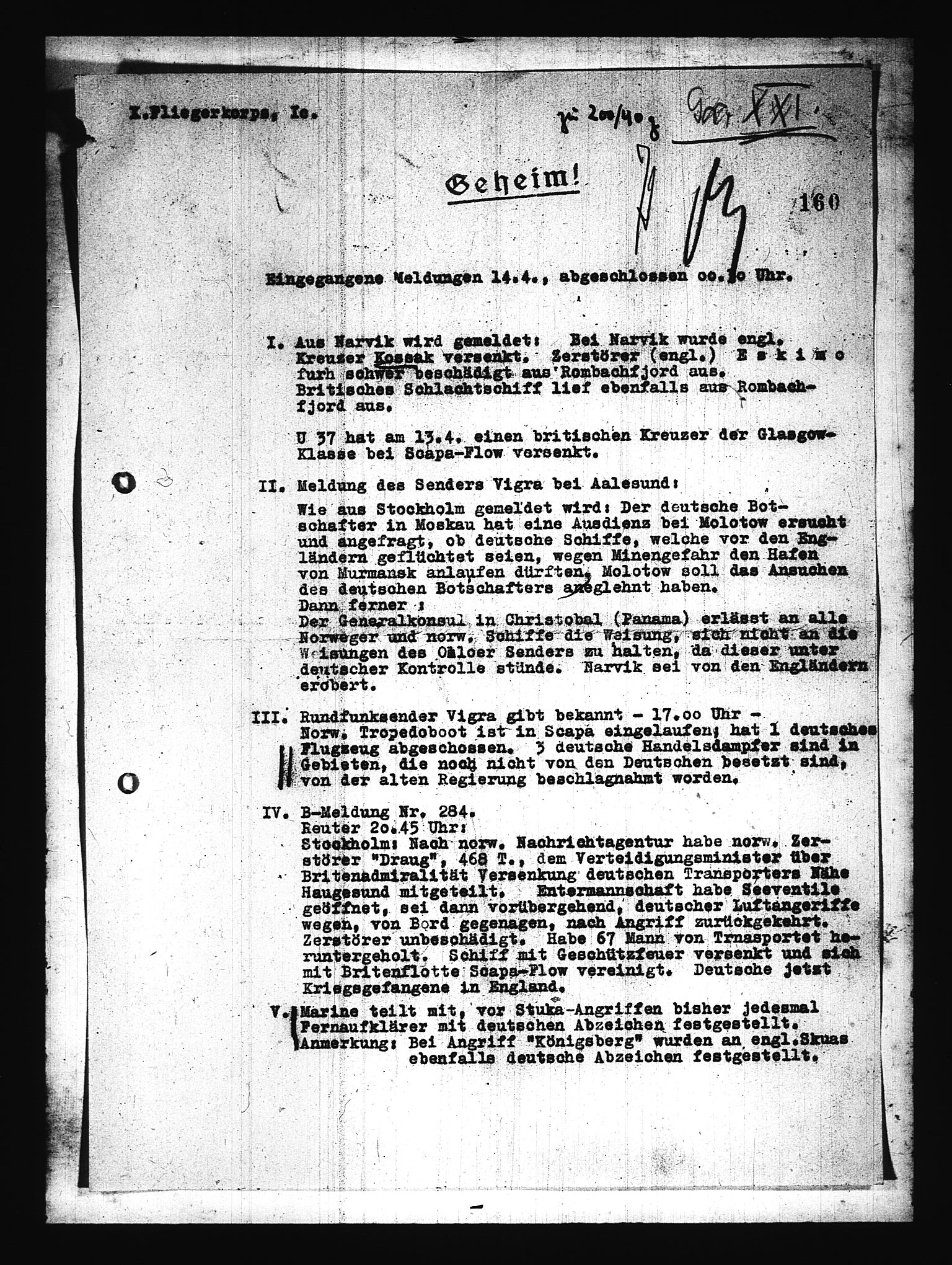 Documents Section, AV/RA-RAFA-2200/V/L0076: Amerikansk mikrofilm "Captured German Documents".
Box No. 715.  FKA jnr. 619/1954., 1940, s. 5