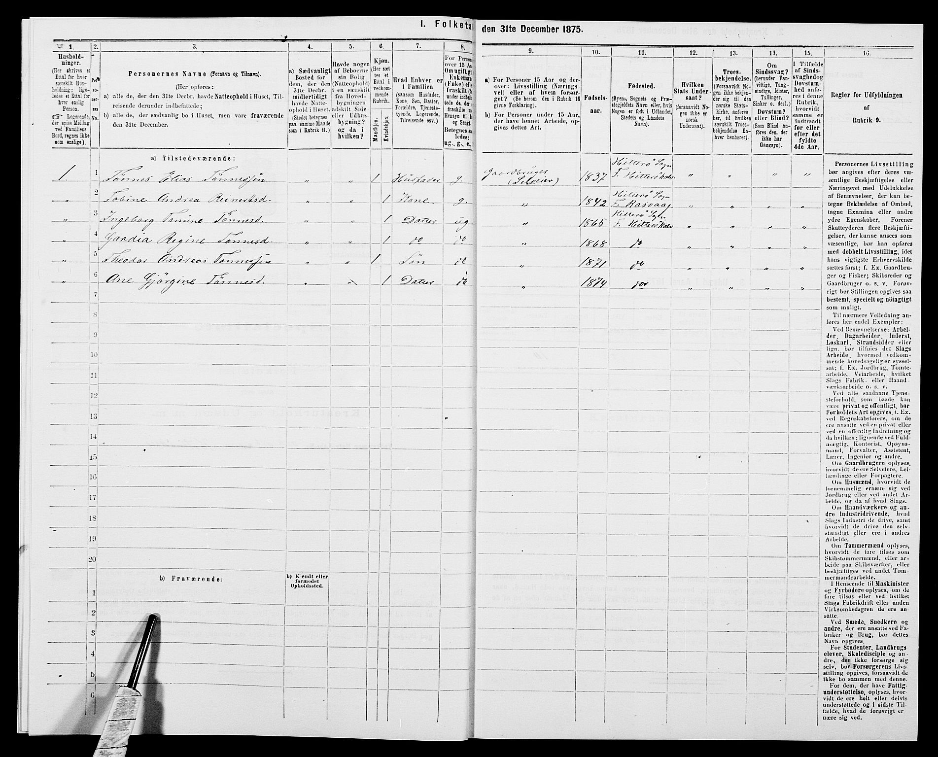 SAK, Folketelling 1875 for 1042L Flekkefjord prestegjeld, Nes sokn og Hidra sokn, 1875, s. 539