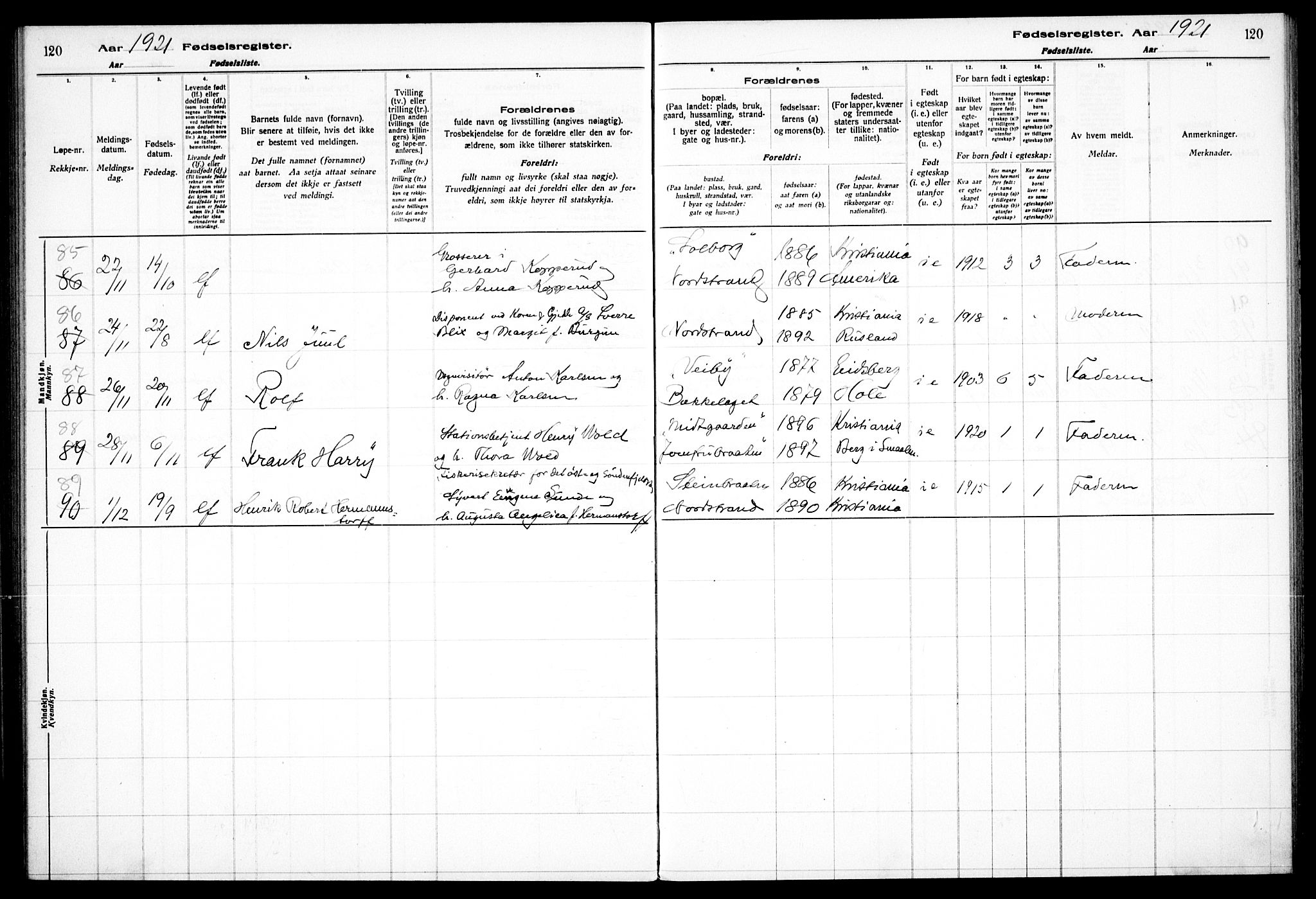 Nordstrand prestekontor Kirkebøker, AV/SAO-A-10362a/J/Ja/L0001: Fødselsregister nr. I 1, 1916-1924, s. 120