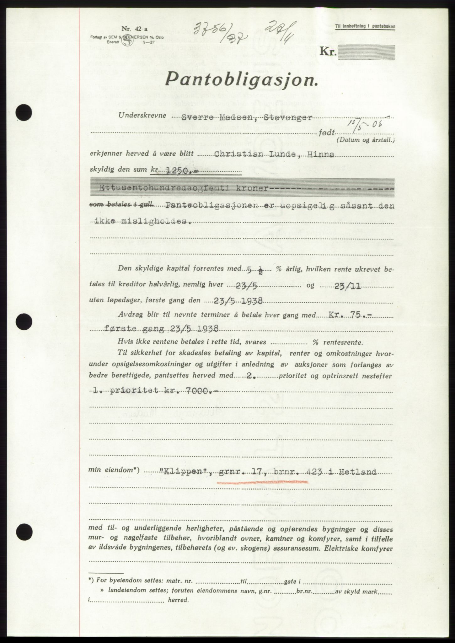 Jæren sorenskriveri, SAST/A-100310/03/G/Gba/L0069: Pantebok, 1937-1937, Dagboknr: 3756/1937
