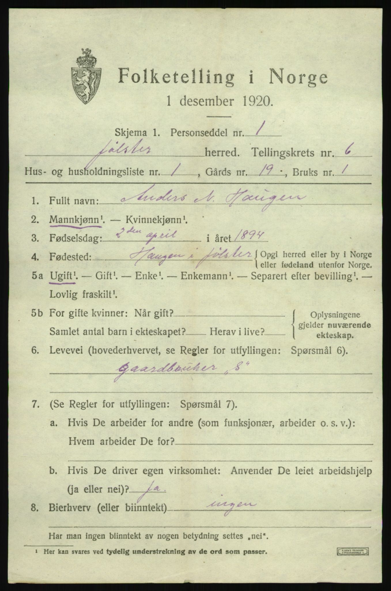 SAB, Folketelling 1920 for 1431 Jølster herred, 1920, s. 3286