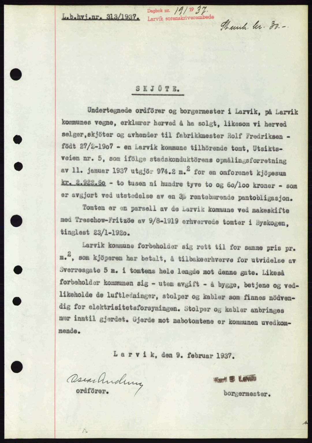 Larvik sorenskriveri, SAKO/A-83/G/Ga/Gab/L0067: Pantebok nr. A-1, 1936-1937, Dagboknr: 191/1937