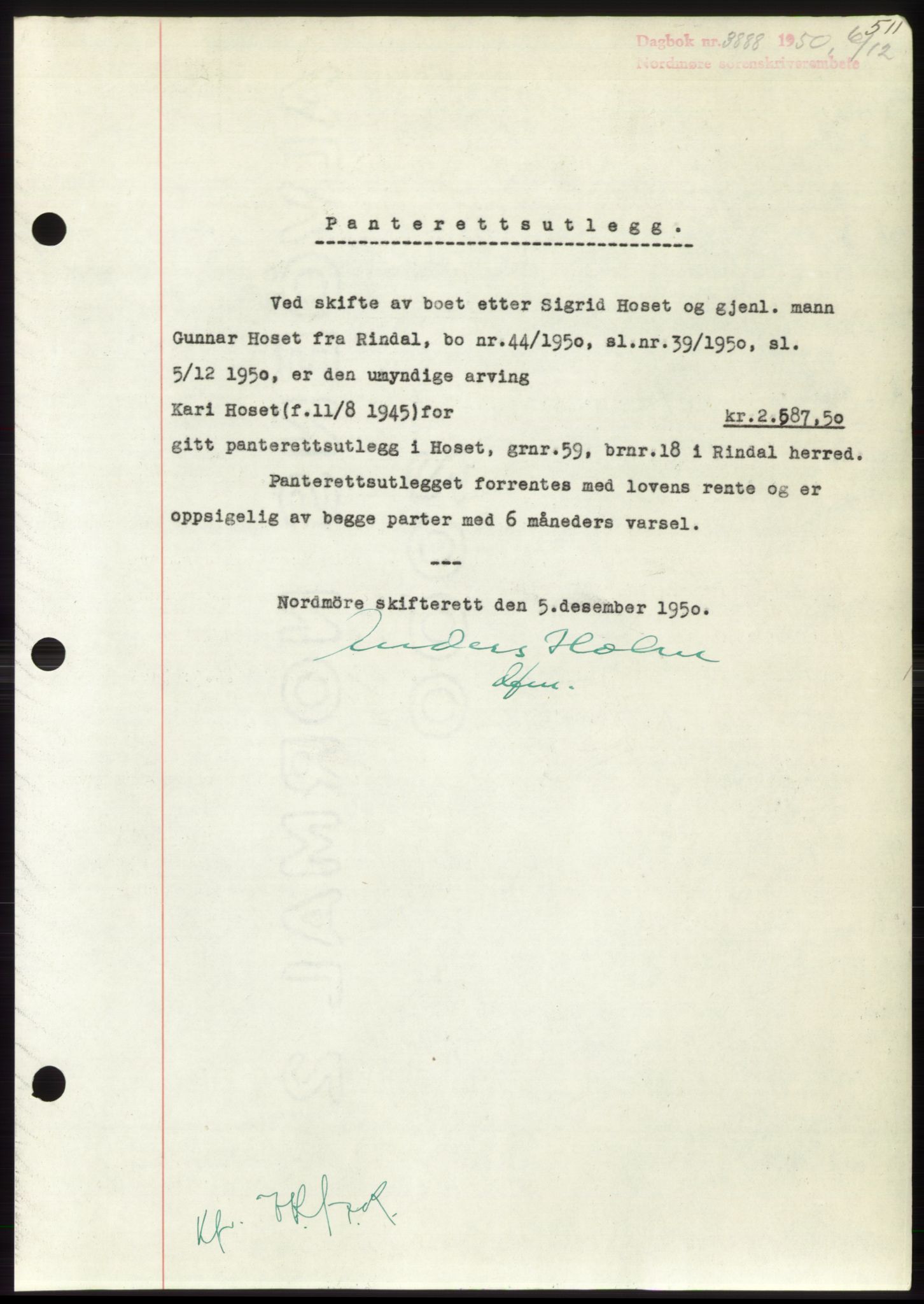 Nordmøre sorenskriveri, SAT/A-4132/1/2/2Ca: Pantebok nr. B106, 1950-1950, Dagboknr: 3888/1950