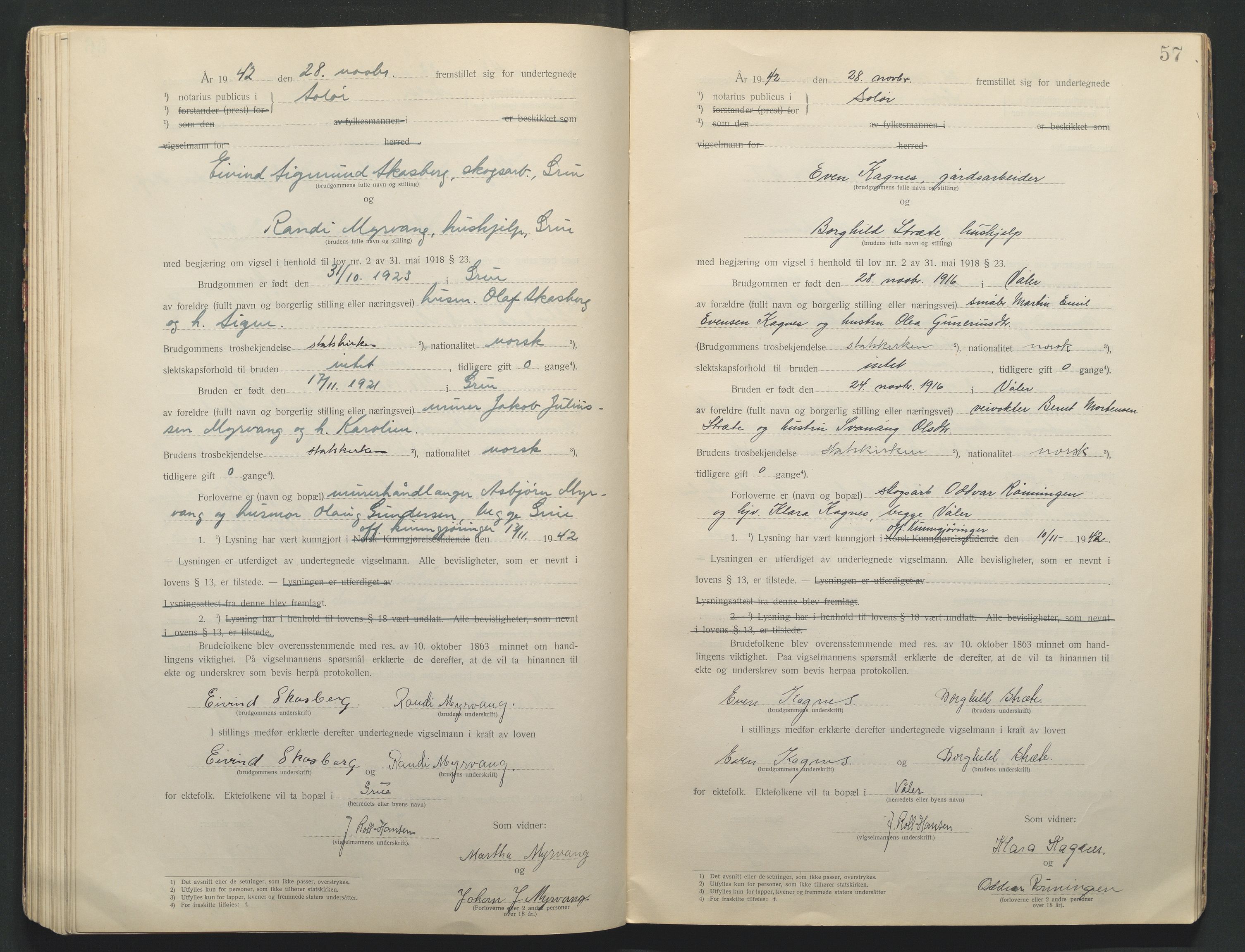 Solør tingrett, AV/SAH-TING-008/L/Lb/L0001: Vigselprotokoll, 1920-1943, s. 57