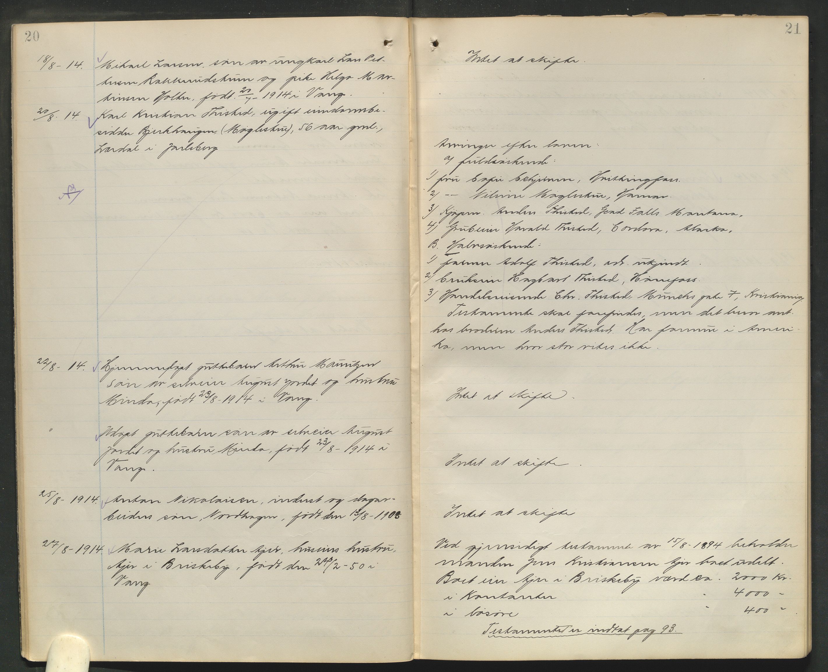 Nord-Hedmark sorenskriveri, AV/SAH-TING-012/J/Ji/L0010: Dødsfallsprotokoll - Vang, 1913-1916, s. 20-21