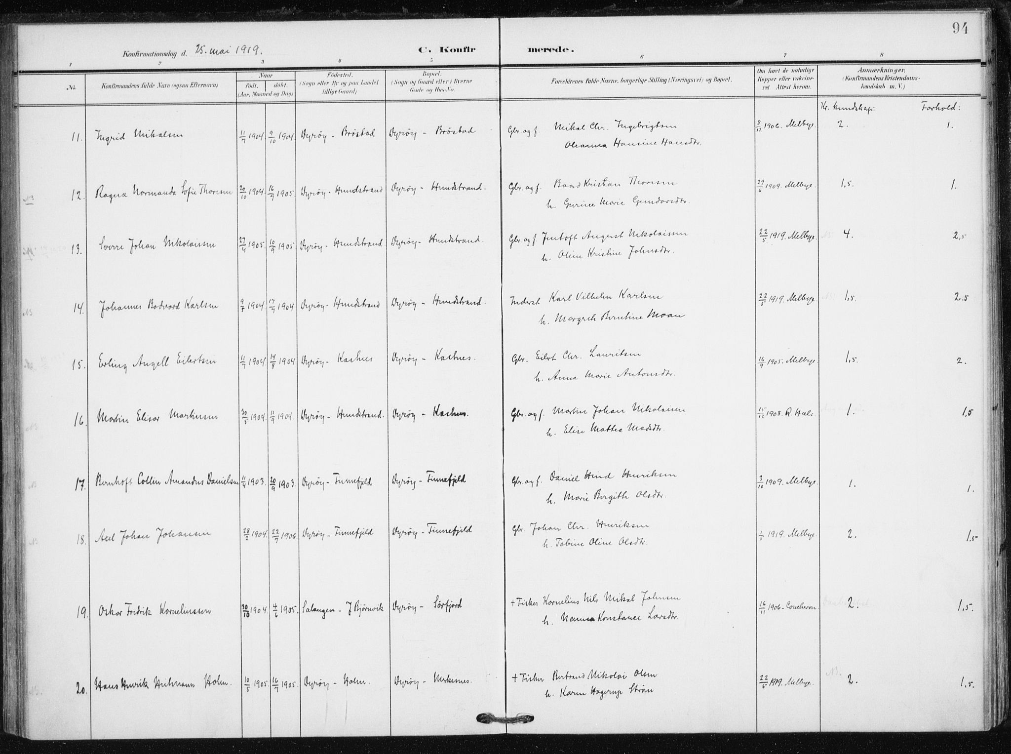 Tranøy sokneprestkontor, AV/SATØ-S-1313/I/Ia/Iaa/L0013kirke: Ministerialbok nr. 13, 1905-1922, s. 94