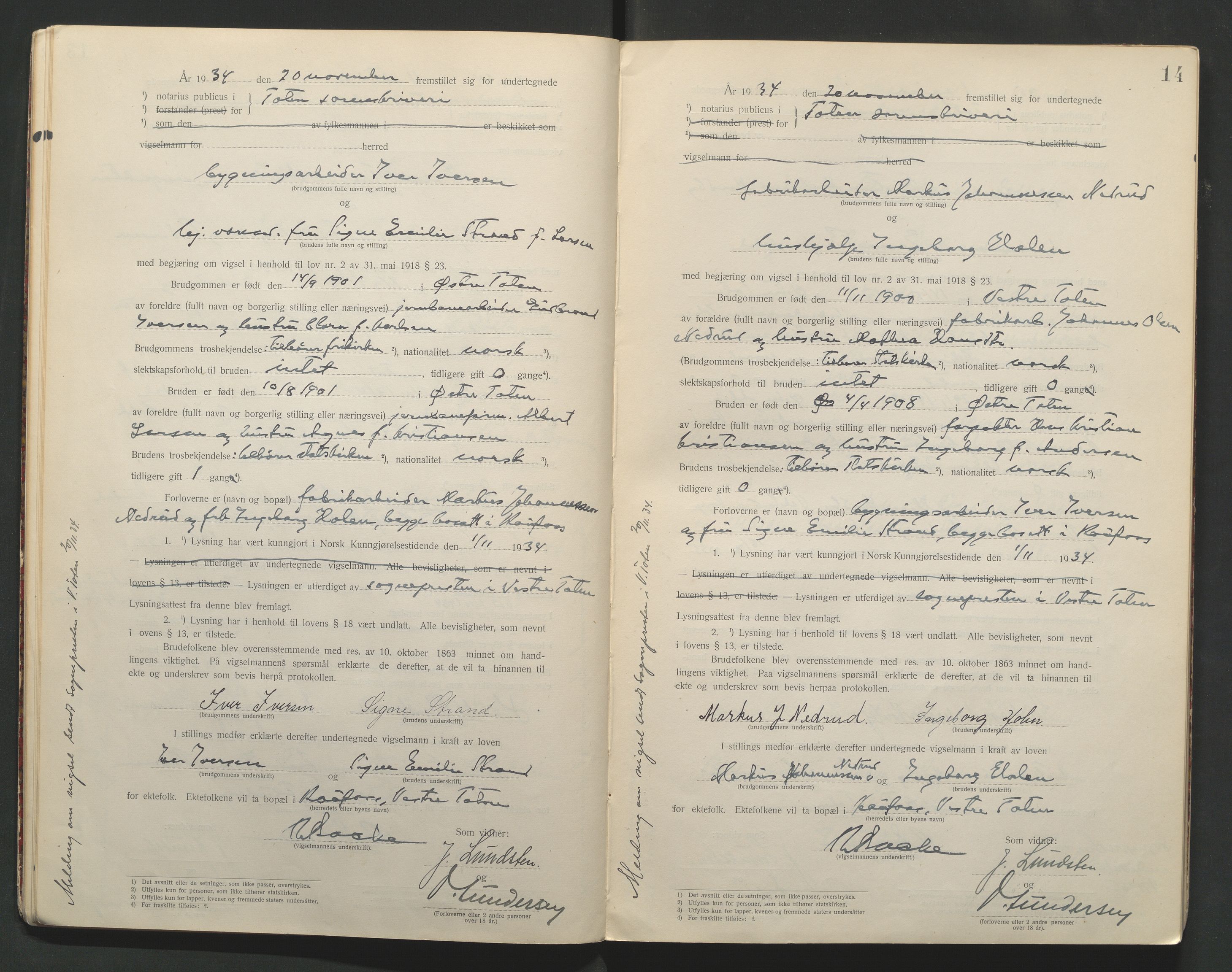 Toten tingrett, AV/SAH-TING-006/L/Lc/L0001: Vigselbok, 1920-1942, s. 14