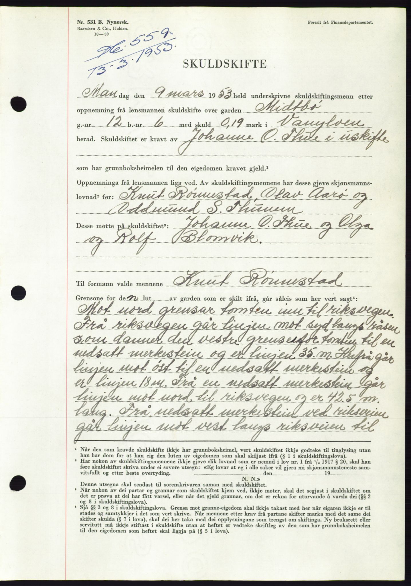 Søre Sunnmøre sorenskriveri, AV/SAT-A-4122/1/2/2C/L0094: Pantebok nr. 20A, 1953-1953, Dagboknr: 559/1953